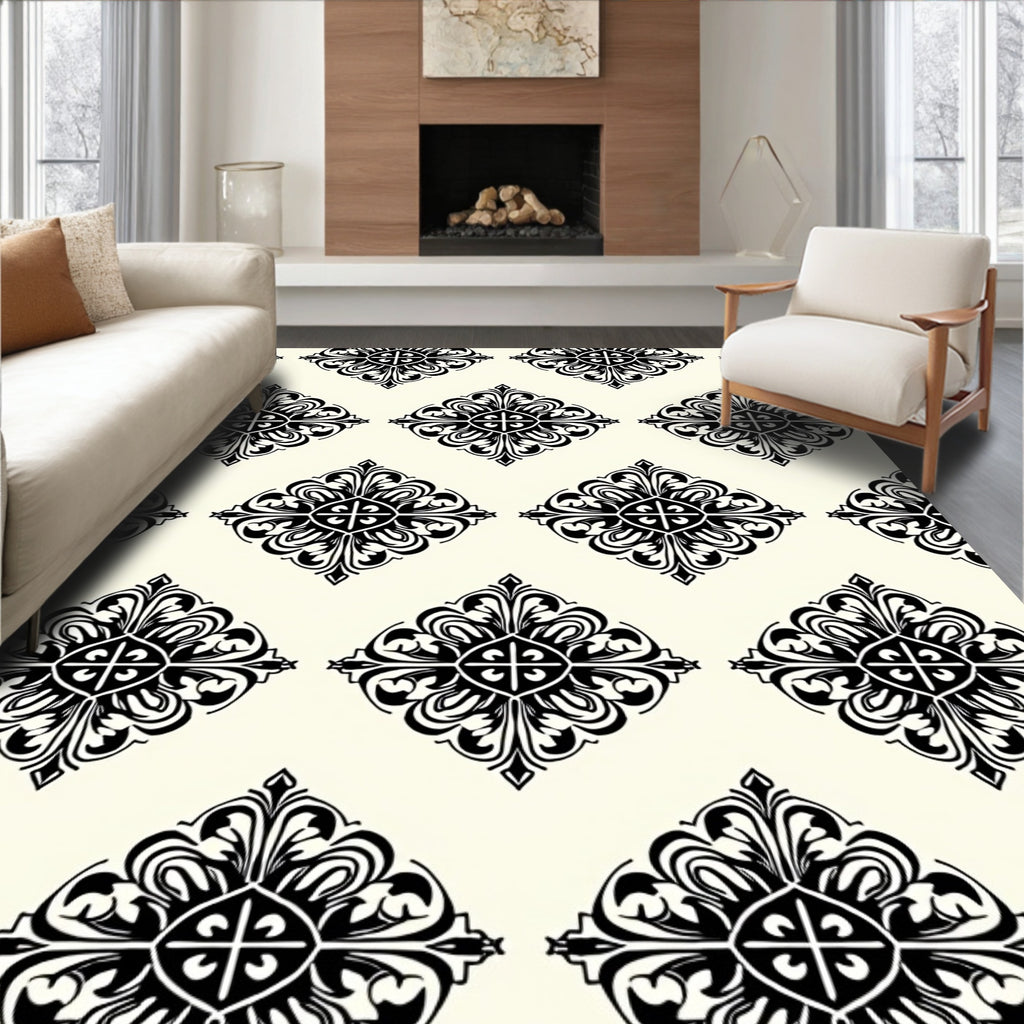 Black White Floral Ornament Rug