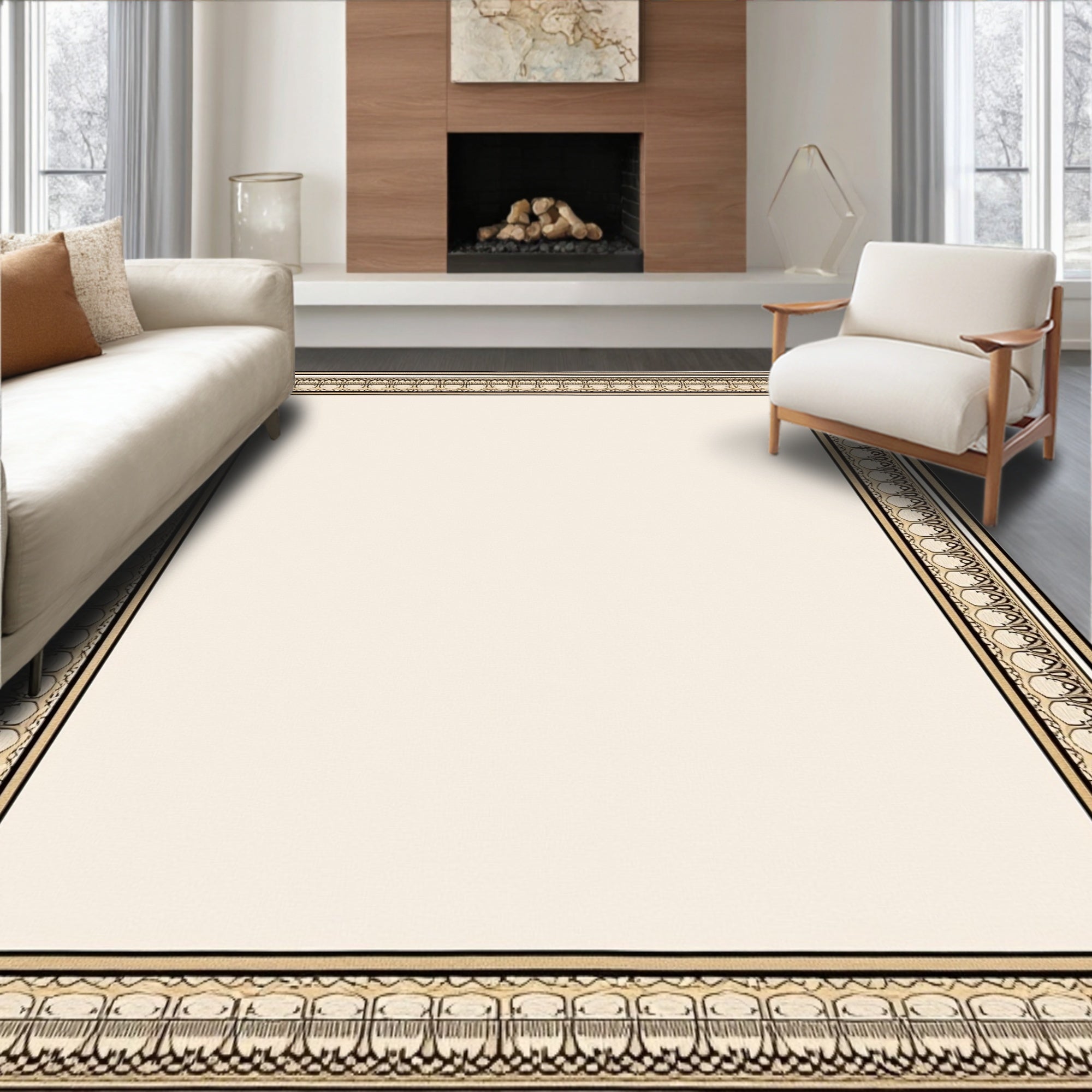 Ornate Black Beige Decorative Border Rug