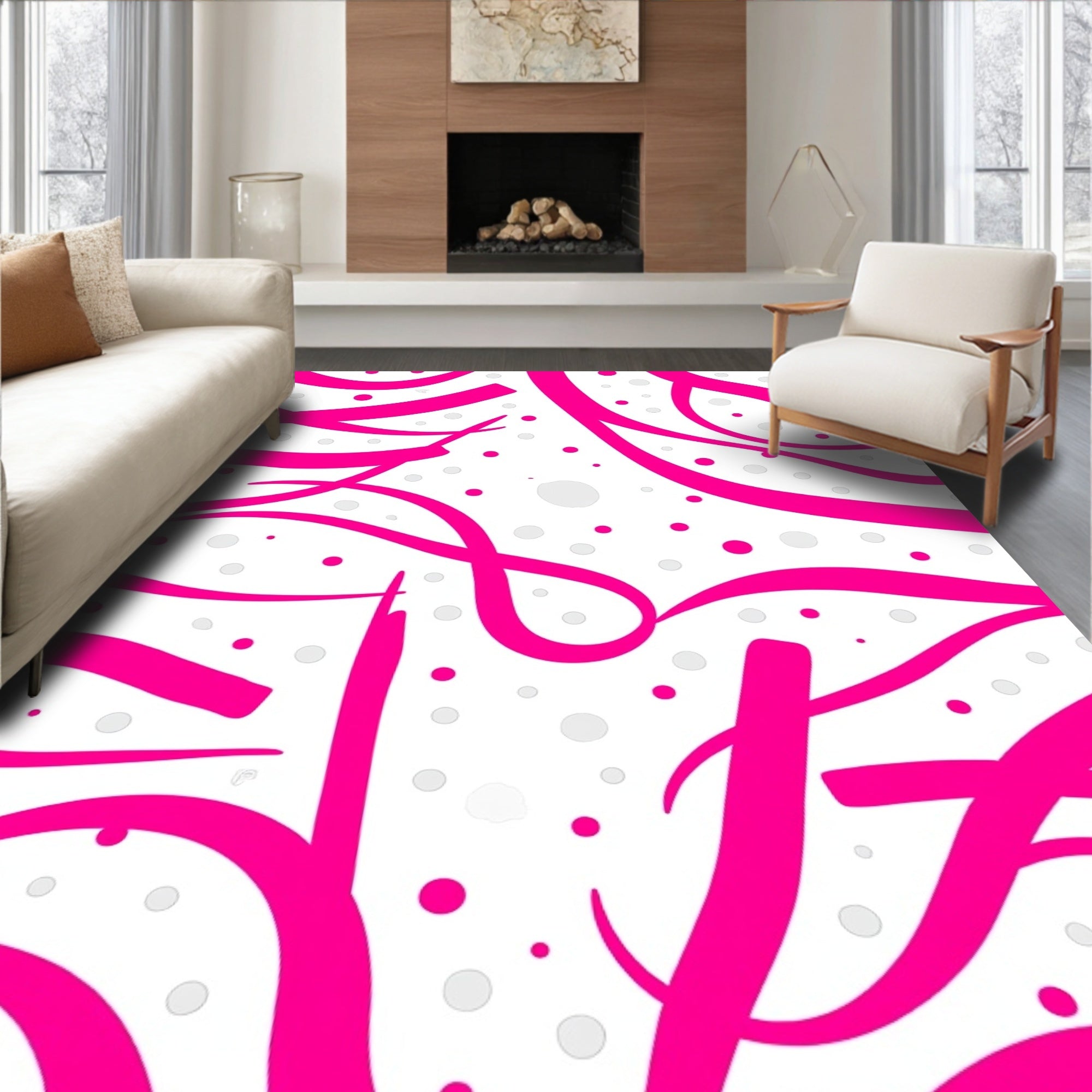 Vibrant Pink Swirls Dot Pattern Rug