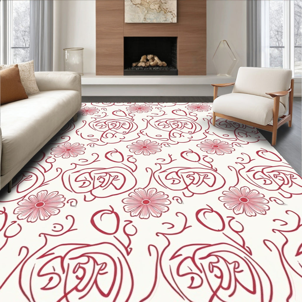 Crimson Floral Swirl Pattern Rug