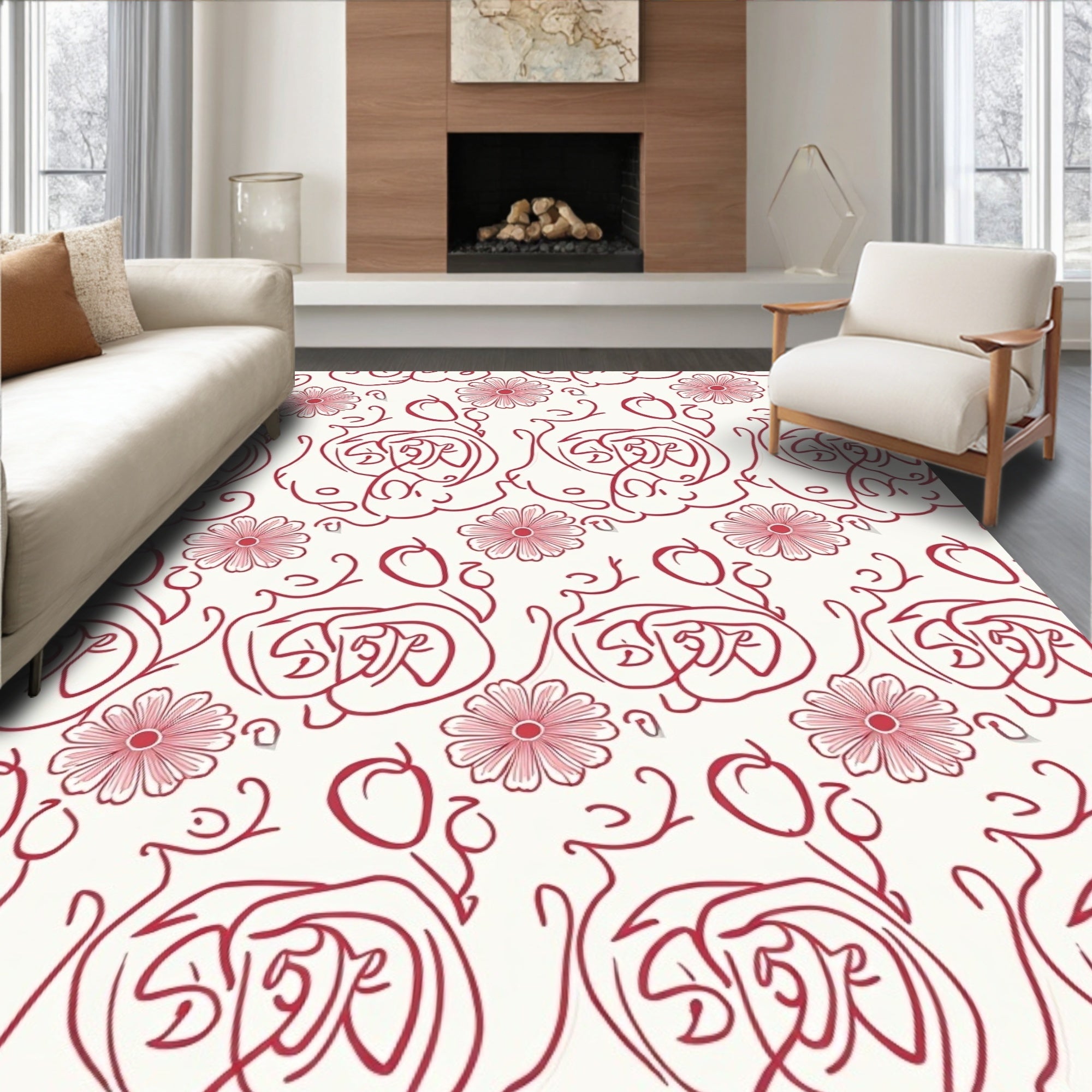 Crimson Floral Swirl Pattern Rug