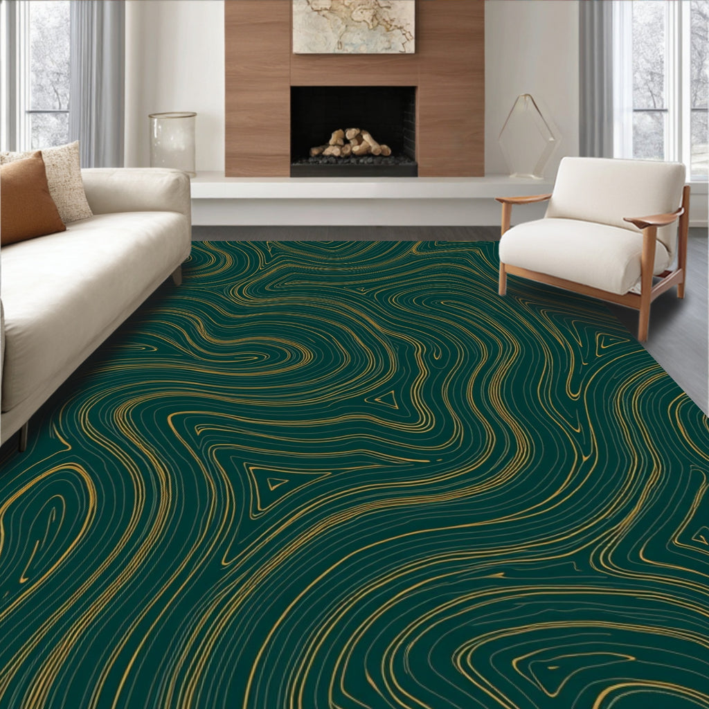 Dark Teal Golden Swirl Pattern Rug