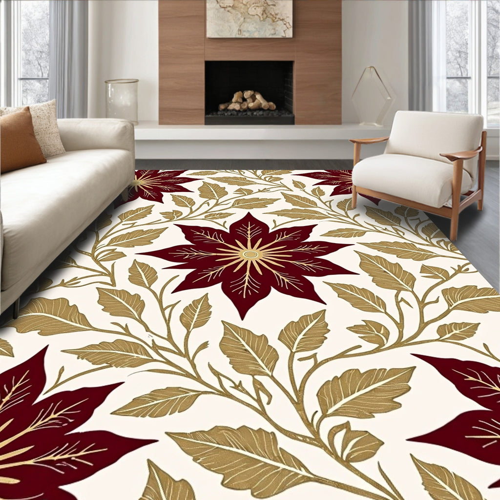 Deep Red Golden Floral Vine Rug