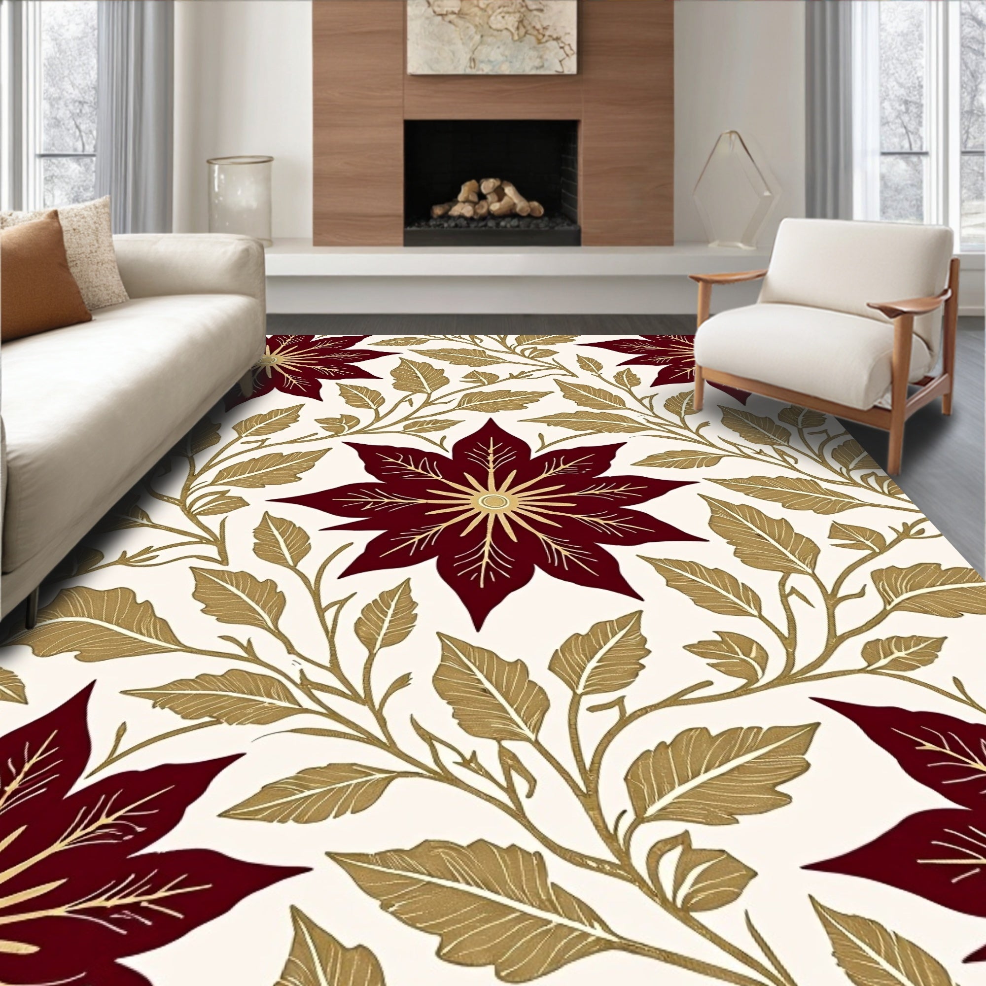 Deep Red Golden Floral Vine Rug