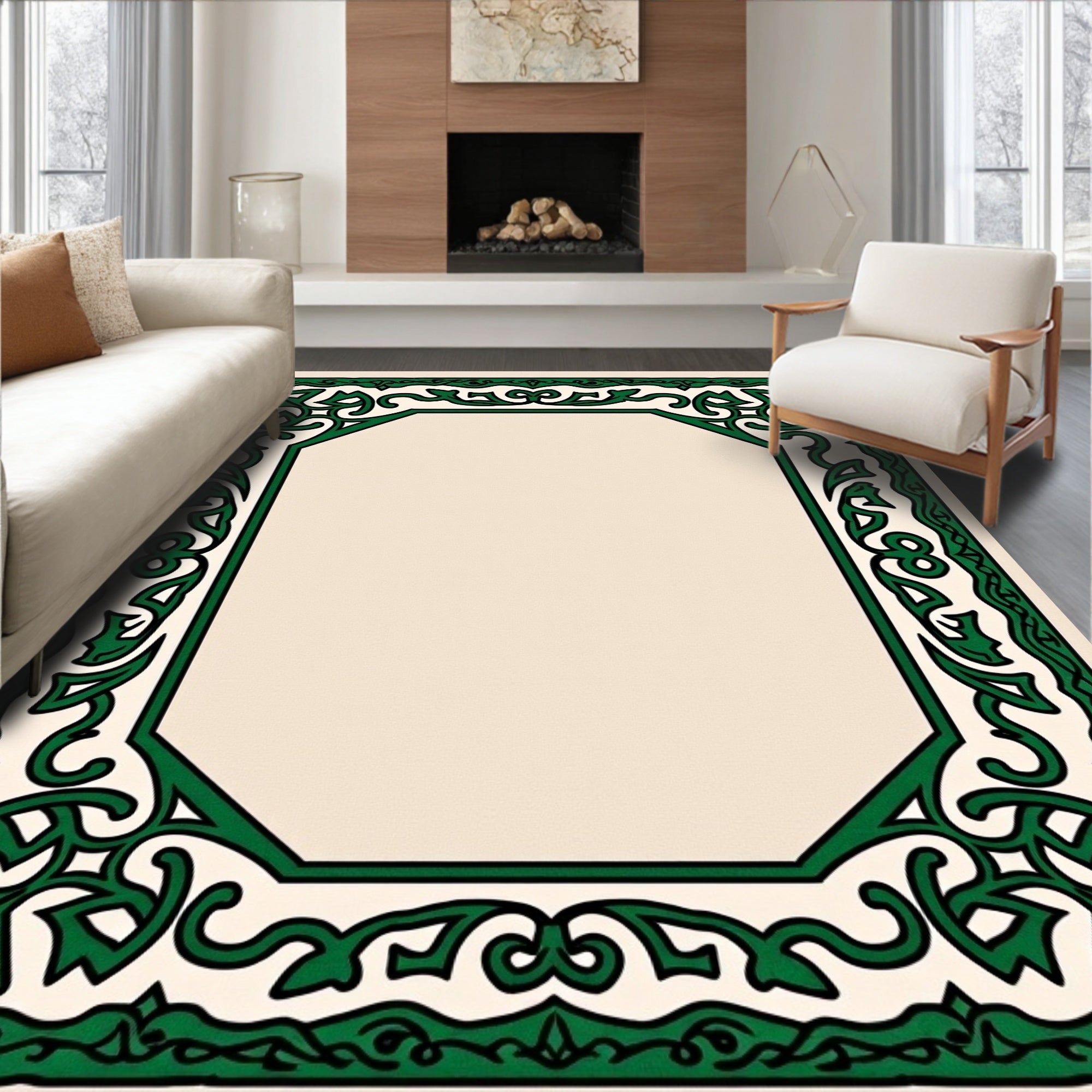 Intricate Green Vine Geometric Border Rug