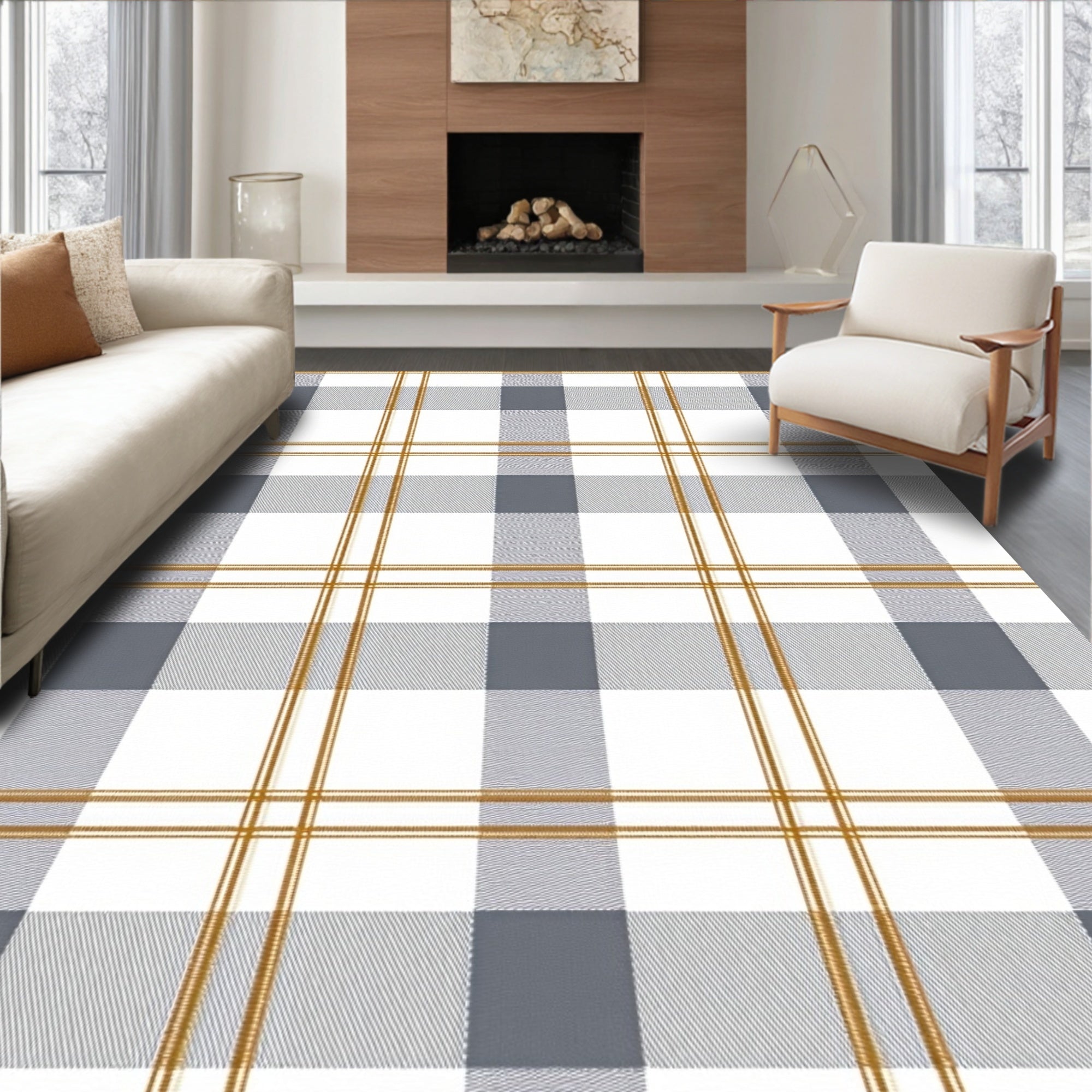 Classic Gray White Gold Tartan Pattern Rug