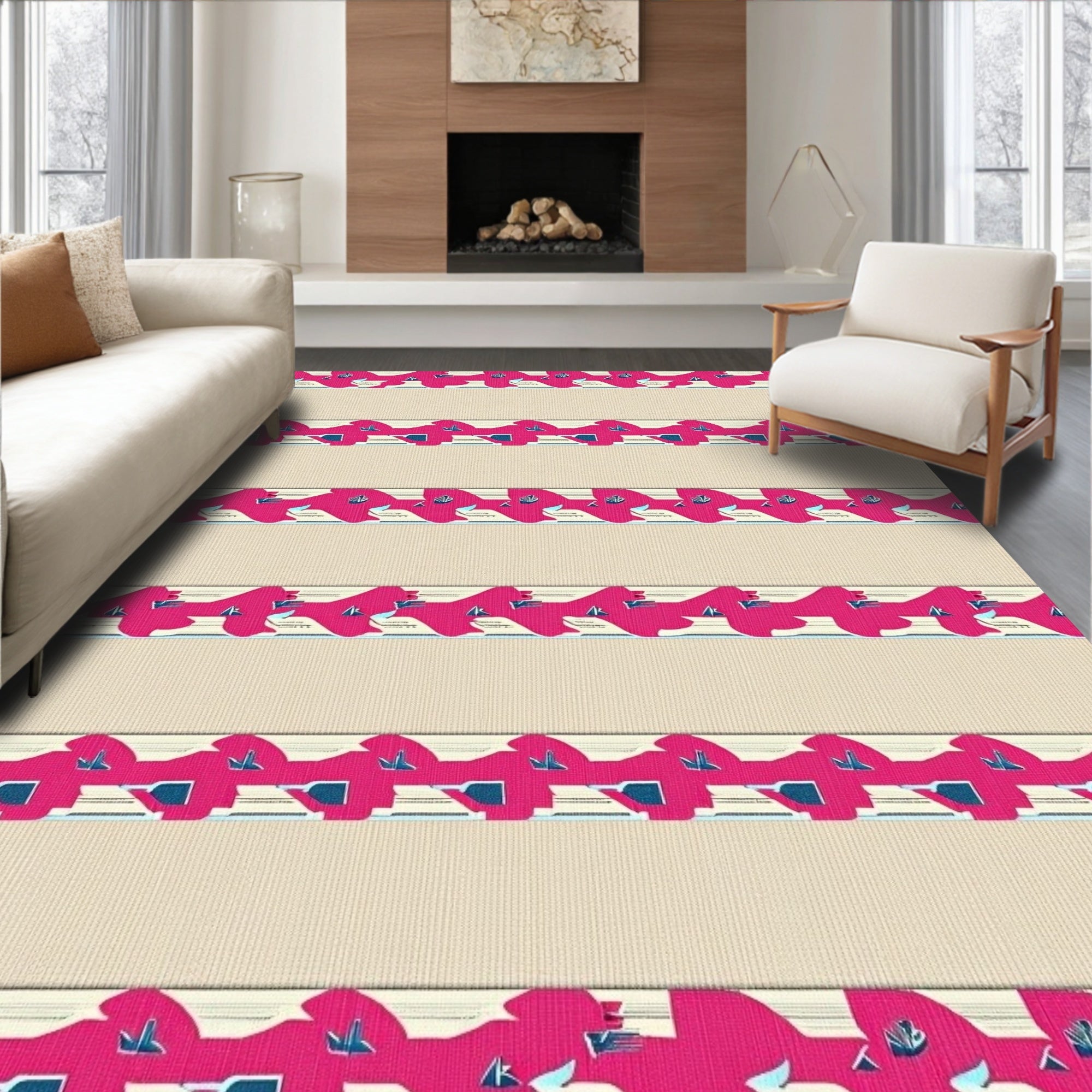 Bold Fuchsia Geometric Striped Design Rug