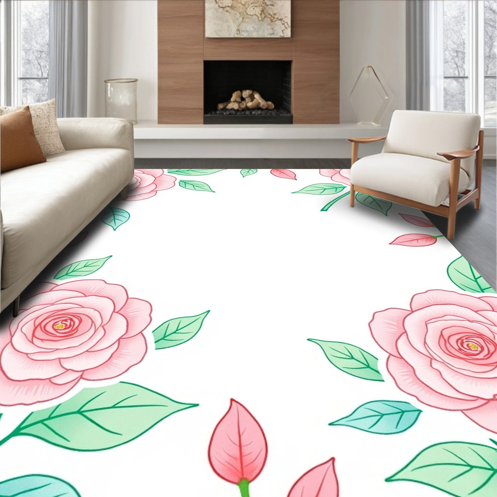 Pink Rose Botanical Border Design Rug