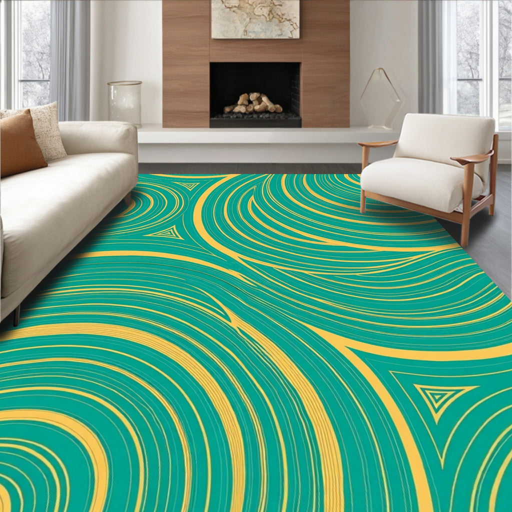 Abstract Teal Gold Swirl Pattern Rug