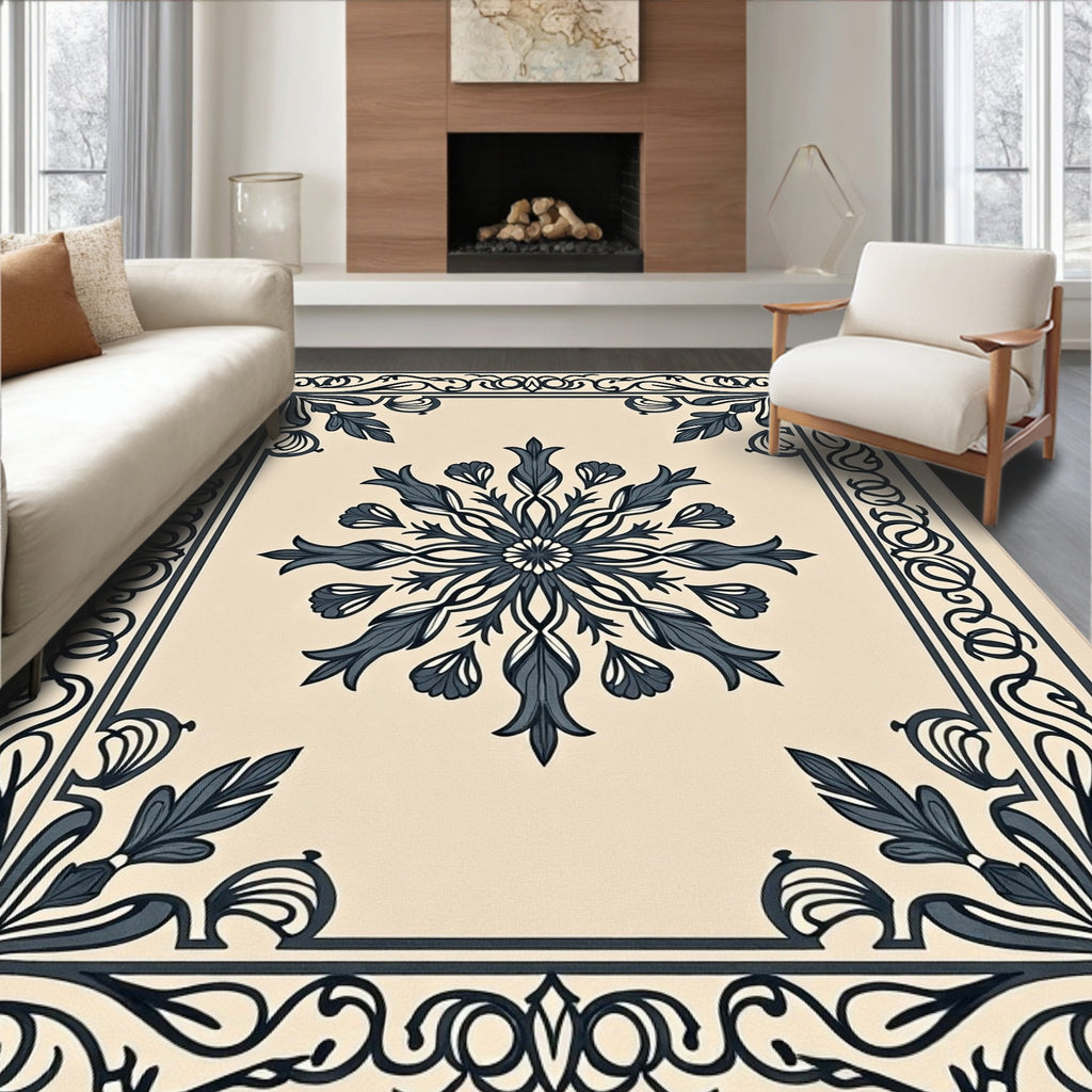 Ornate Floral Medallion Dark Blue Ivory Rug