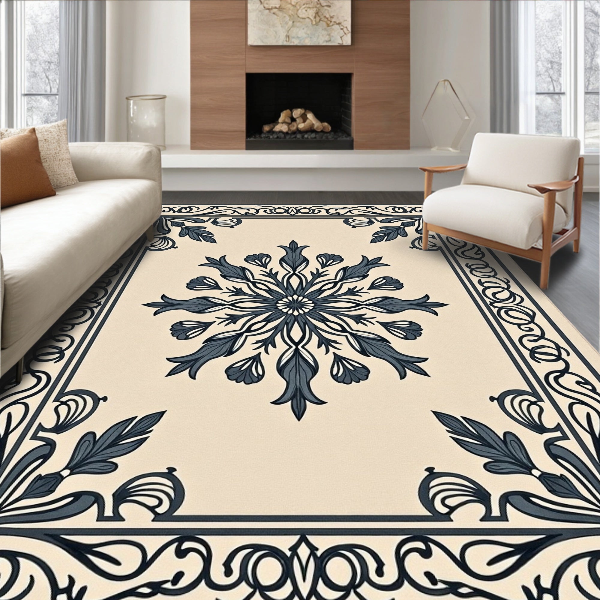 Ornate Floral Medallion Dark Blue Ivory Rug