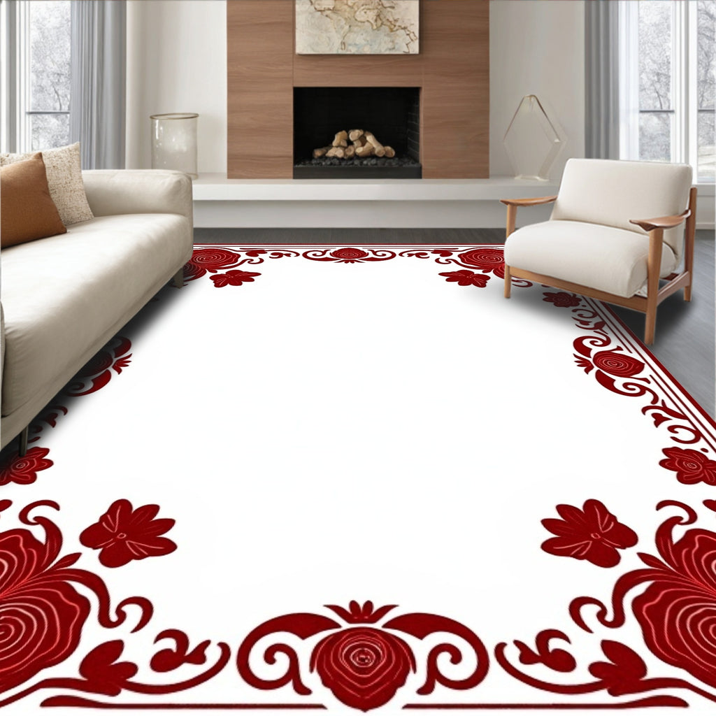 Damask Rose Scroll Border Design Rug