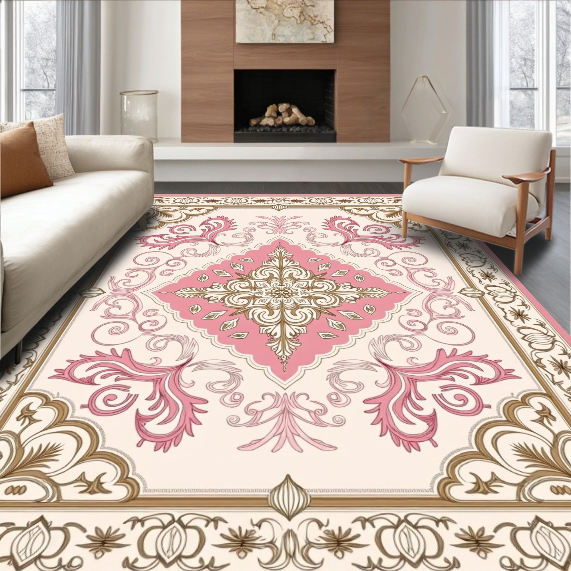 Elegant Pink Gold Filigree Pattern Rug