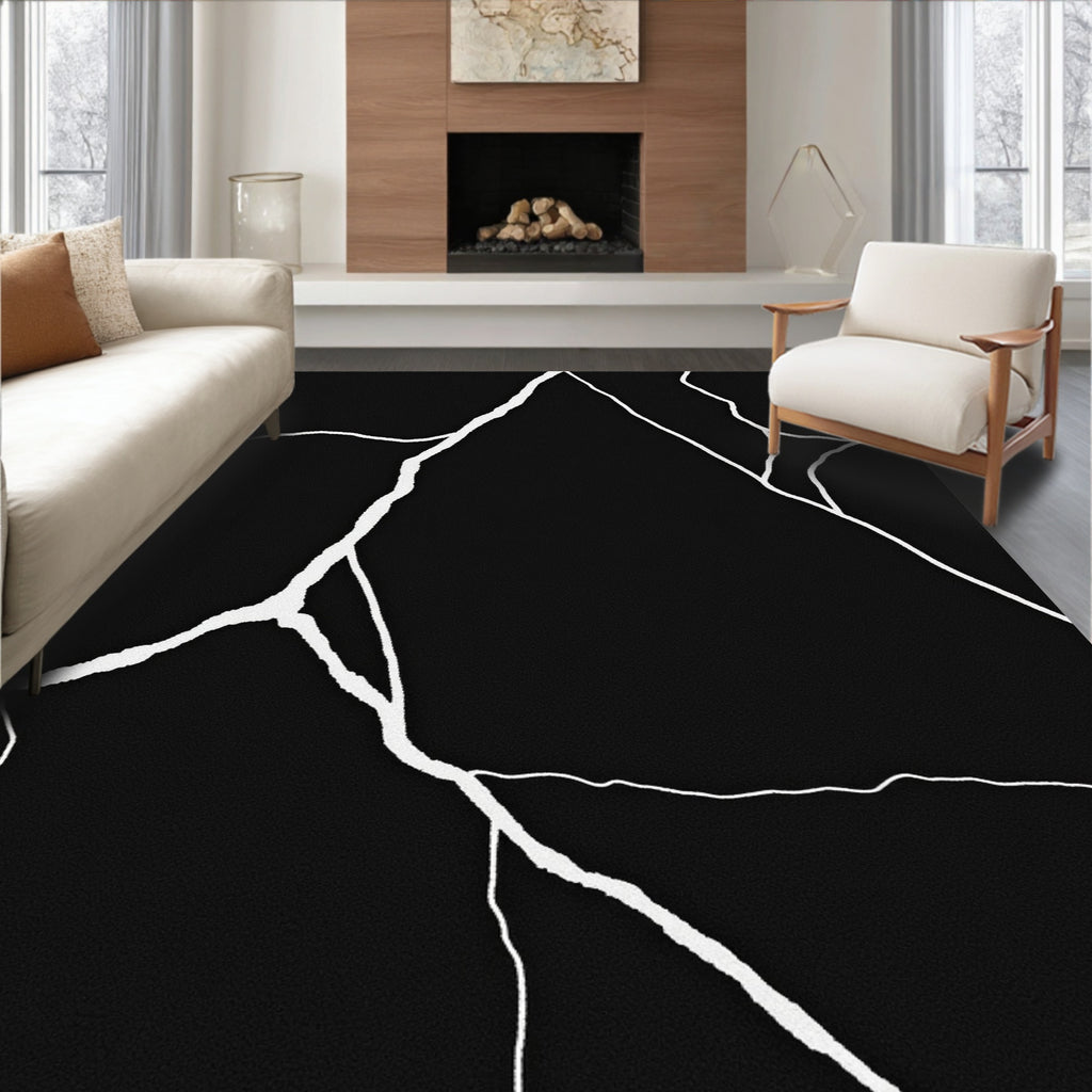 Abstract Black White Cracked Design Rug