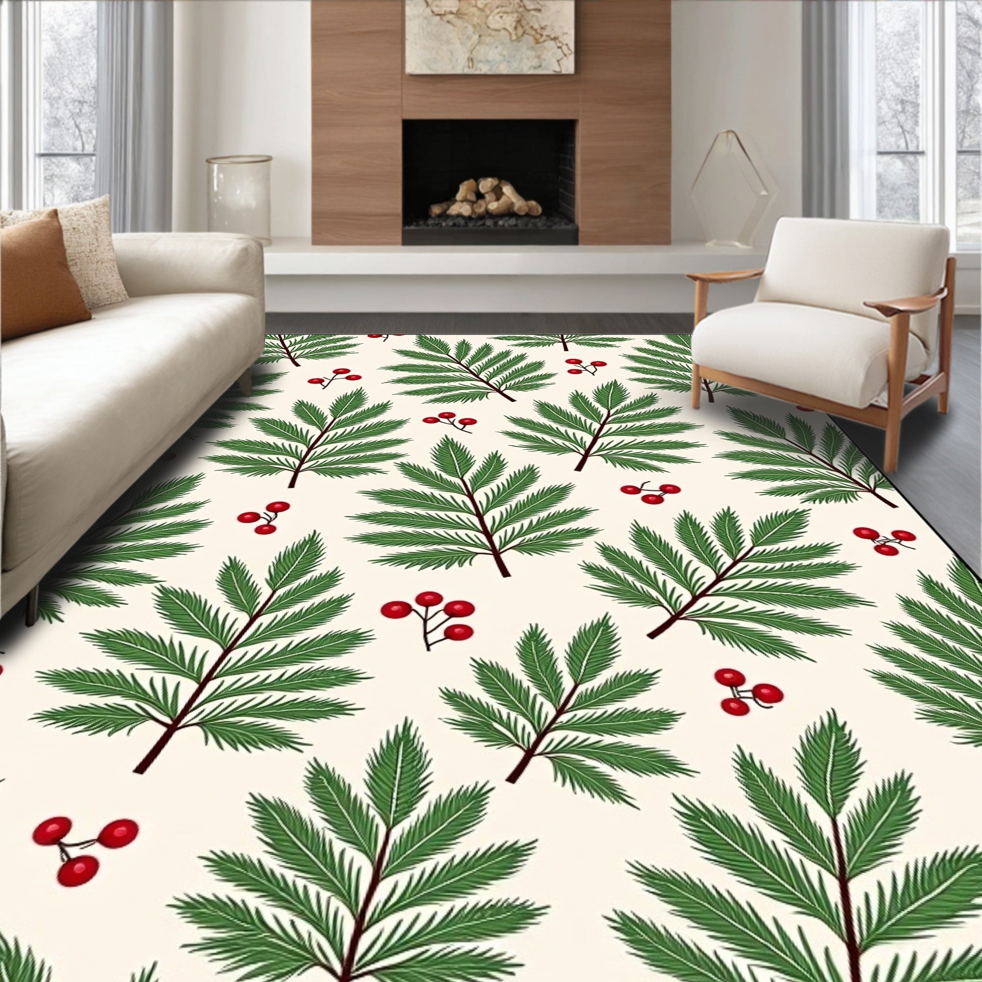 Green Fern Red Berry Botanical Spread Rug