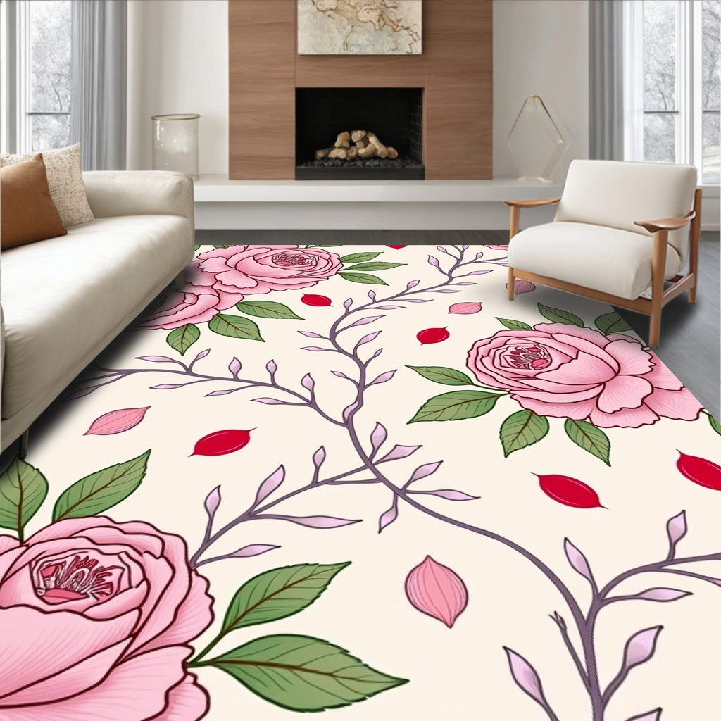 Pink Roses With Green Leaves Pattern Rug