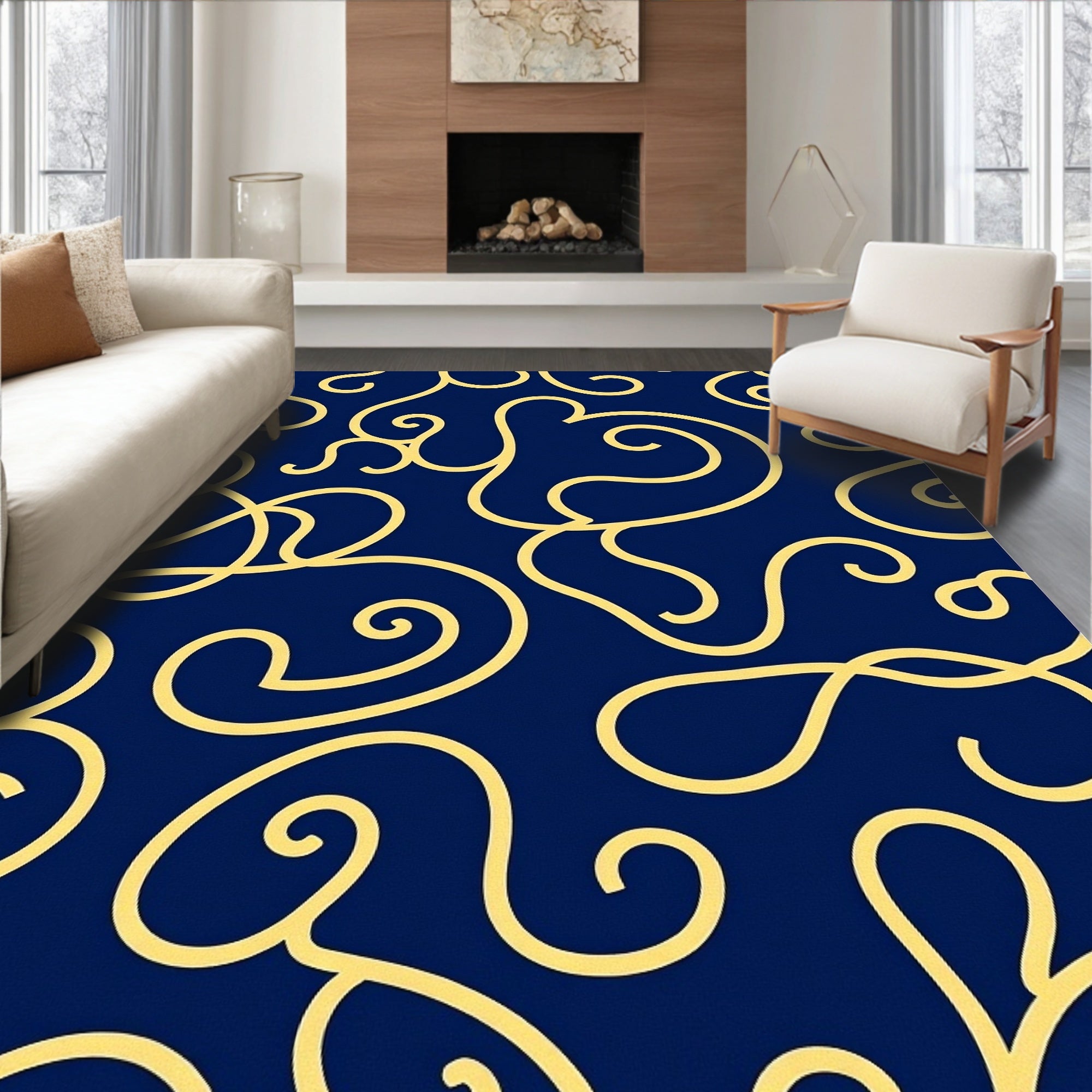 Navy Gold Swirl Pattern Rug