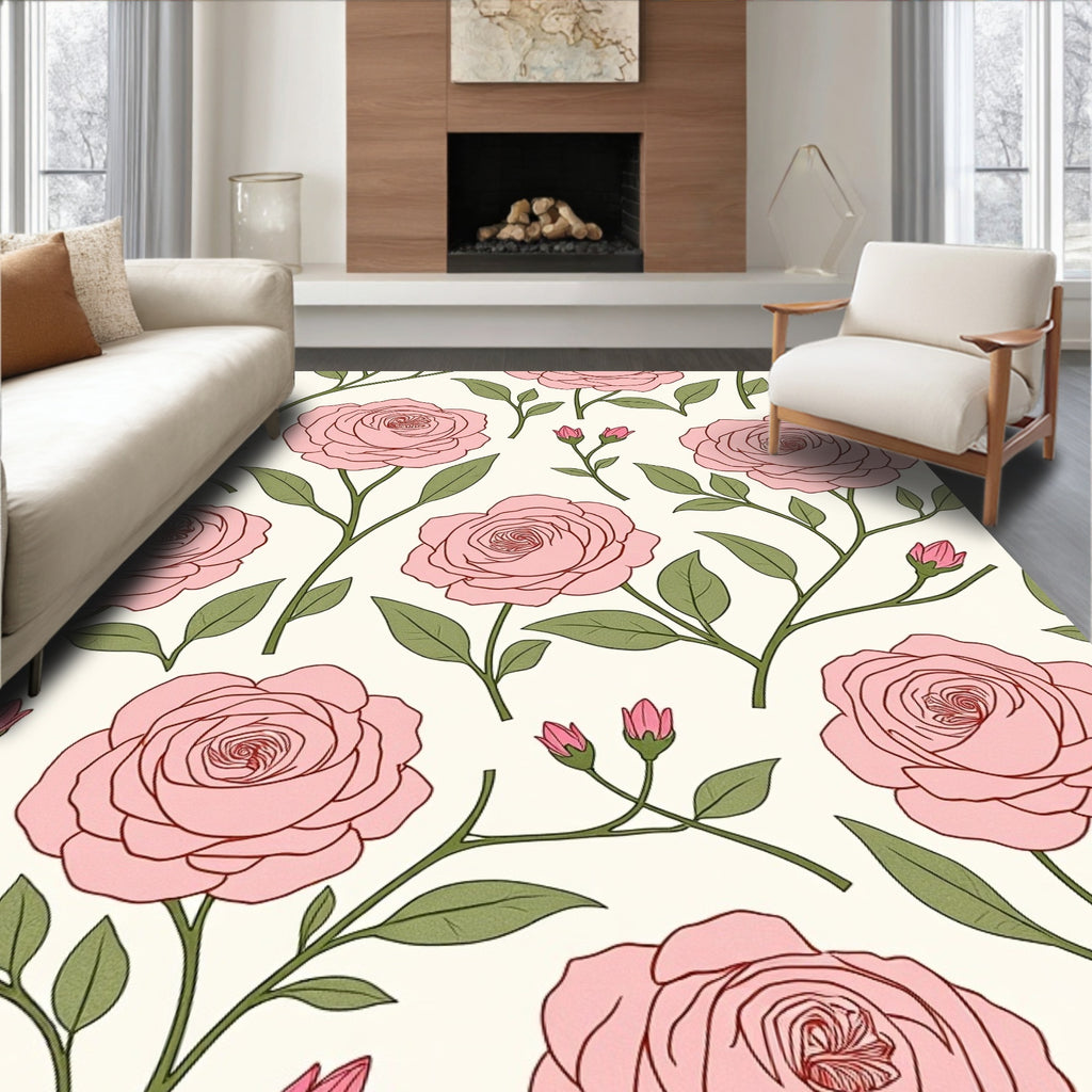 Pink Rose Vine Botanical Pattern Rug