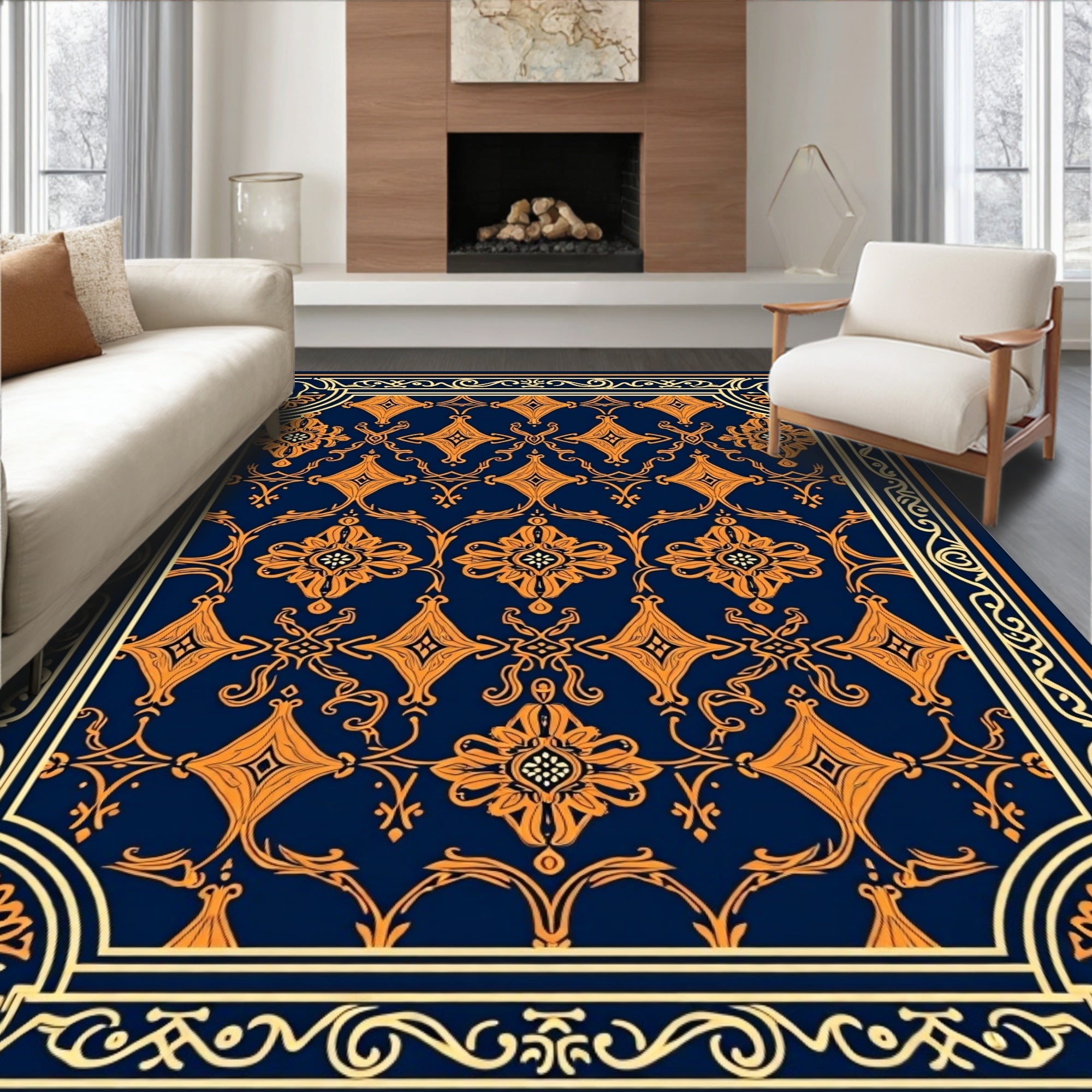 Ornate Golden Floral Pattern Rug