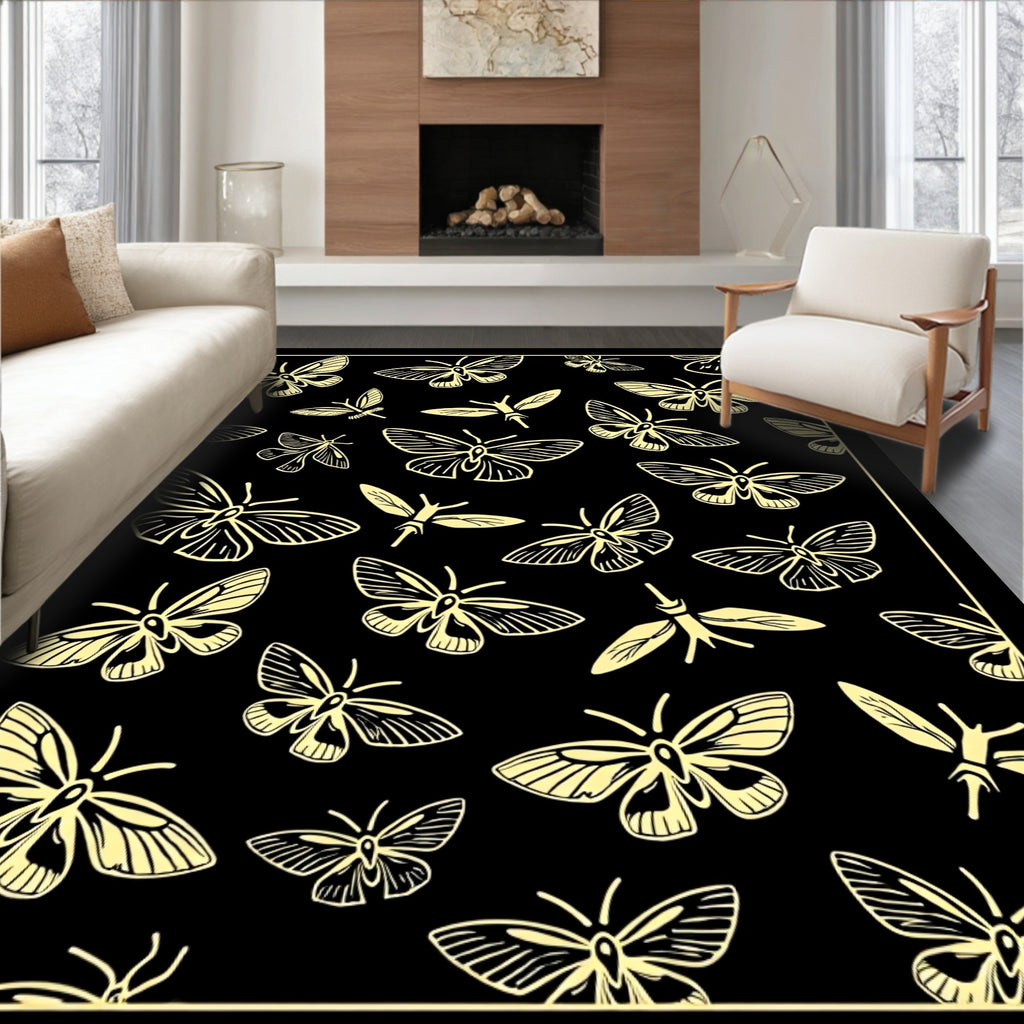 Yellow Moth Pattern On Black Design Rug