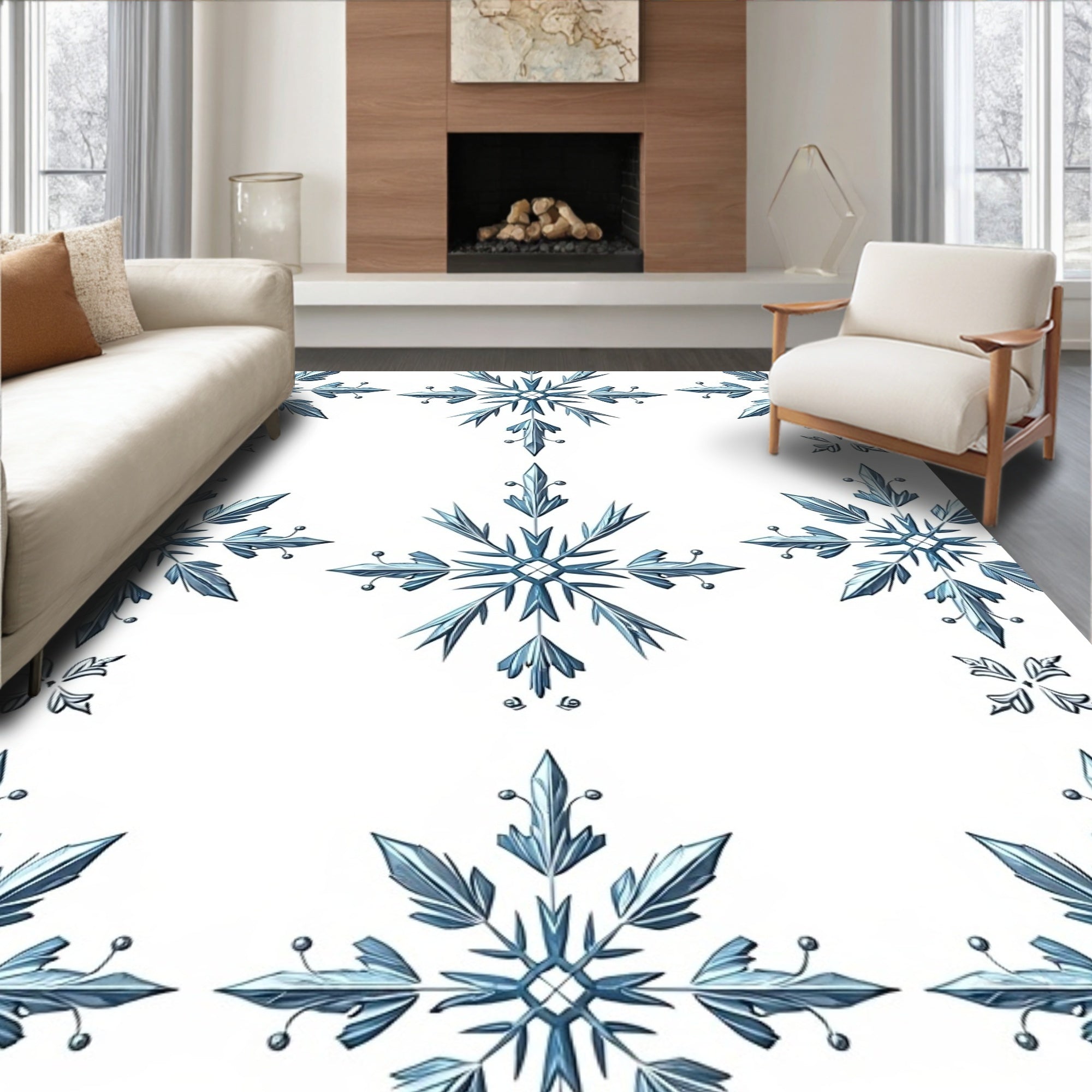 Blue Icy Snowflake Motif Rug