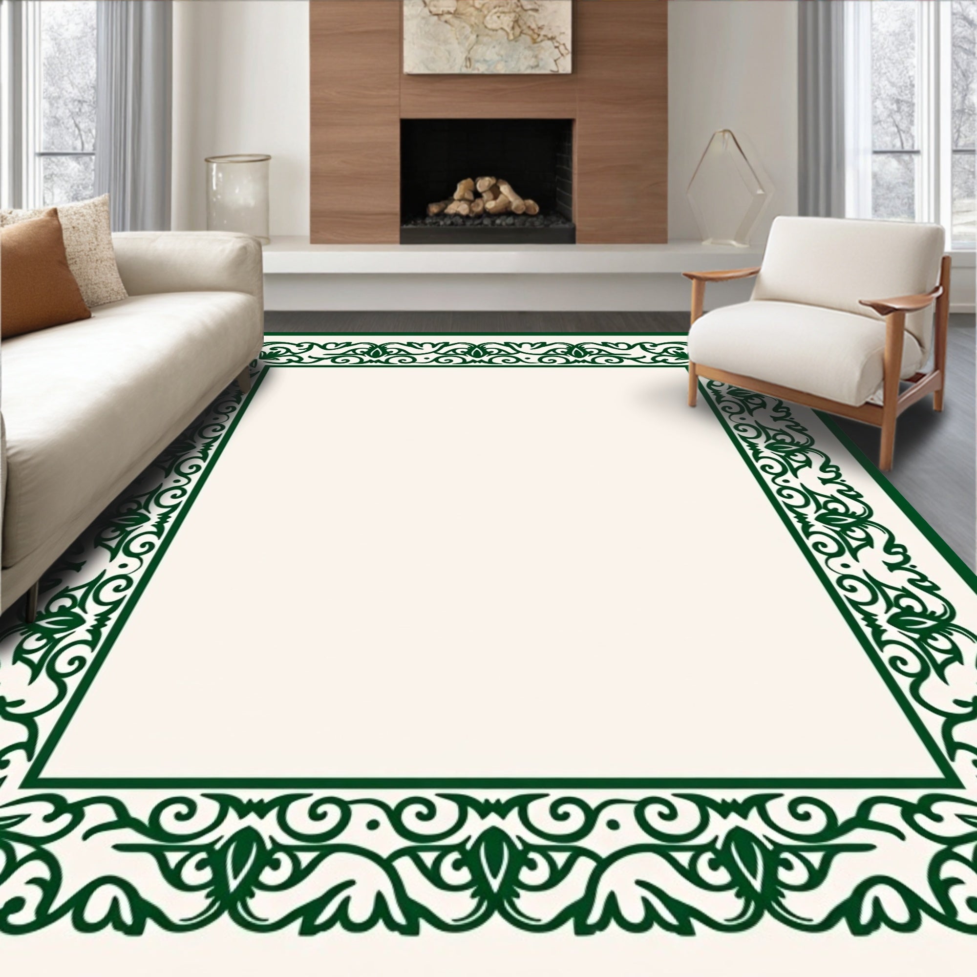 Ornate Green Floral Scroll Border Rug