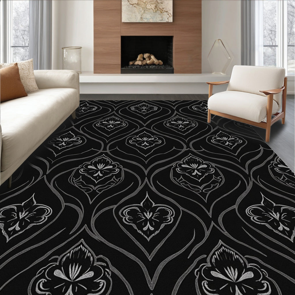 Elegant Black Silver Damask Pattern Rug