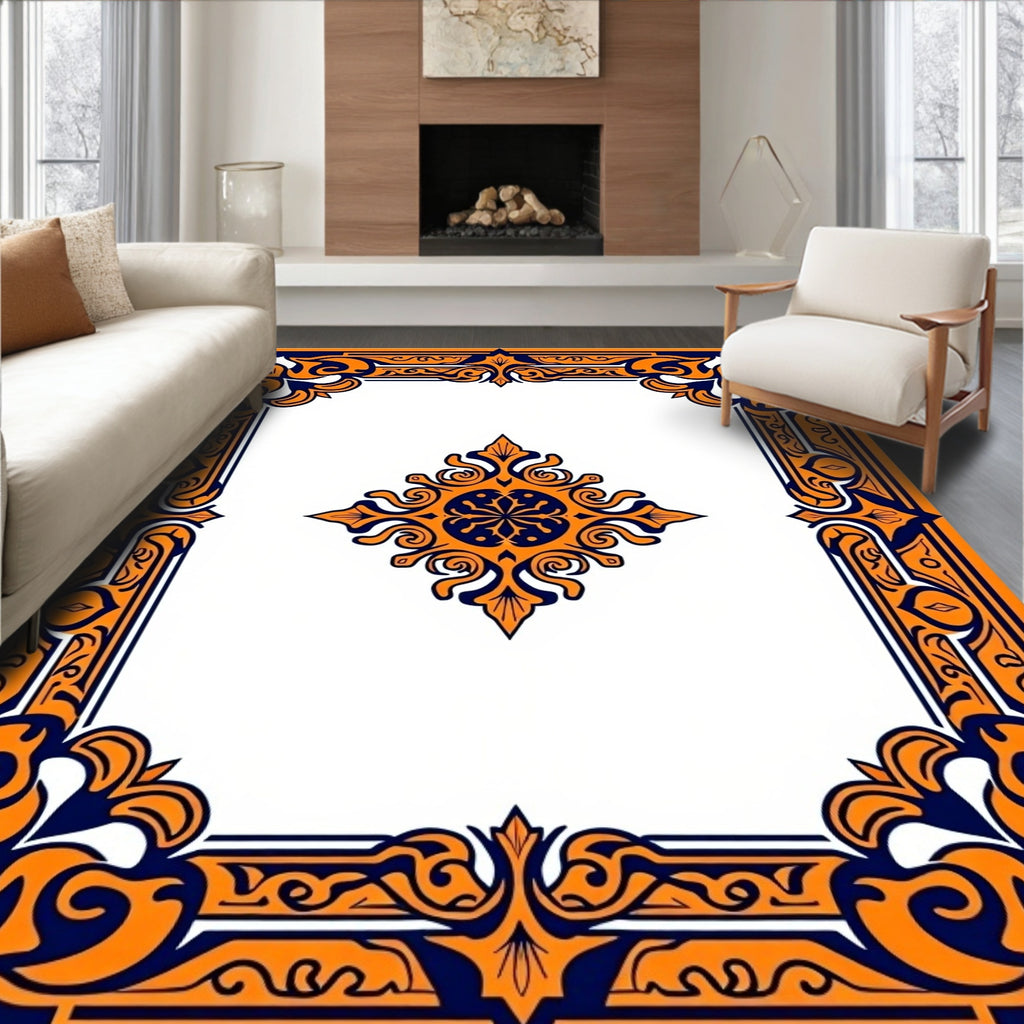 Orange Navy Intricate Floral Border Design Rug