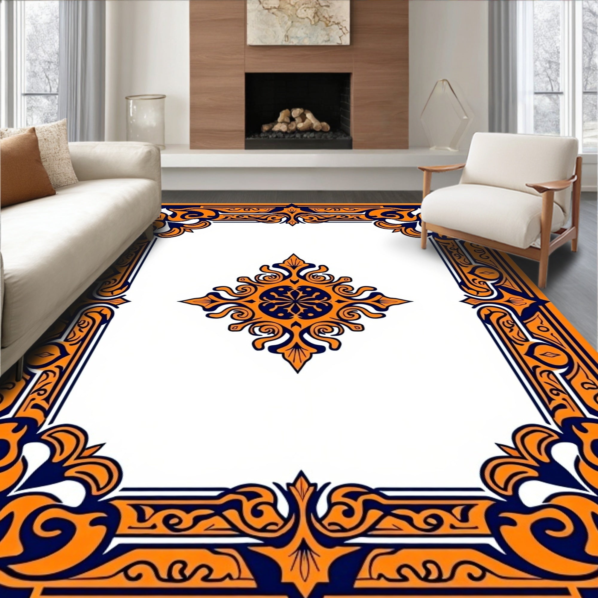 Orange Navy Intricate Floral Border Design Rug