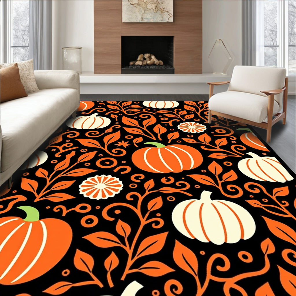 Orange Black Autumn Pumpkin Vines Rug