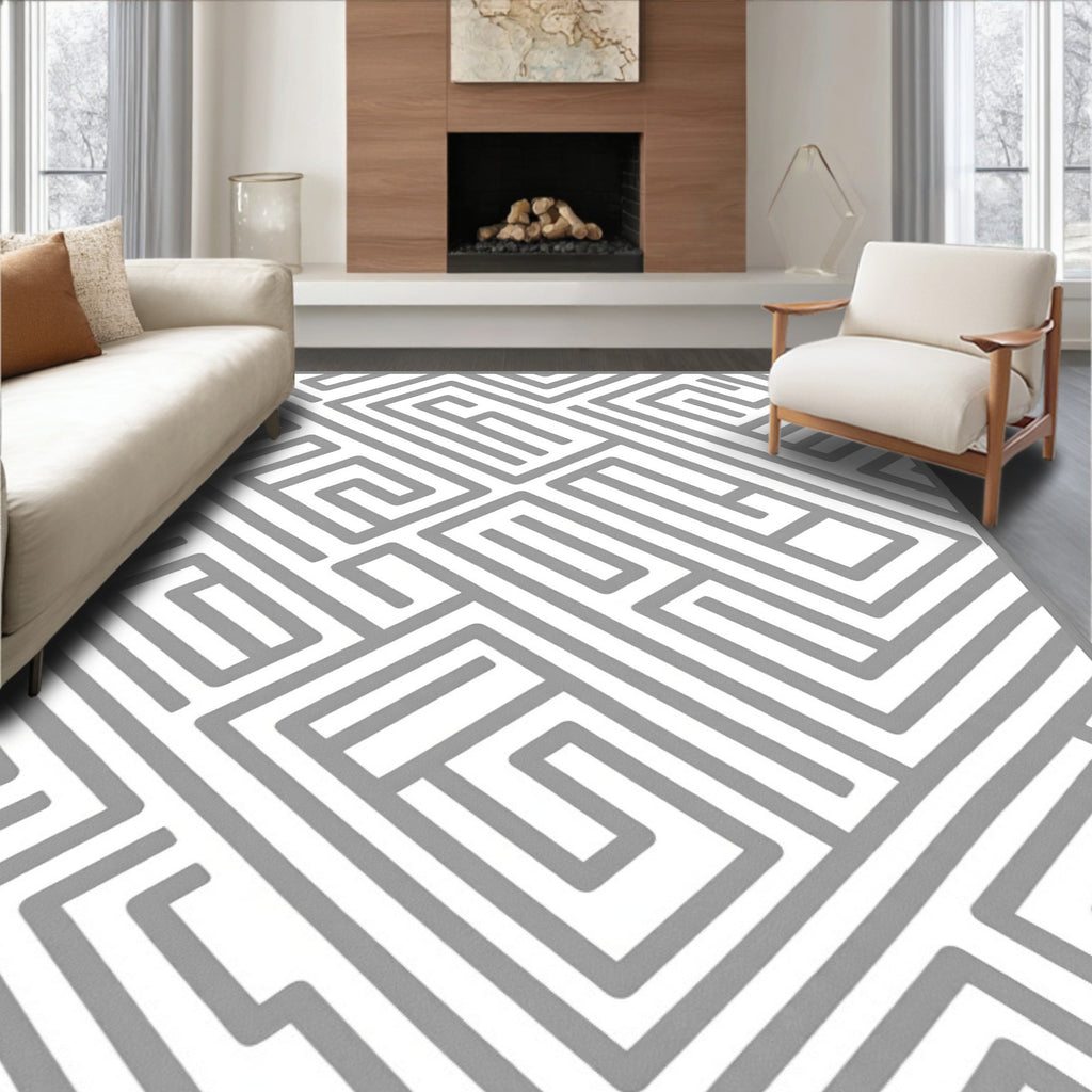 Abstract Grey Maze Pattern Design Rug