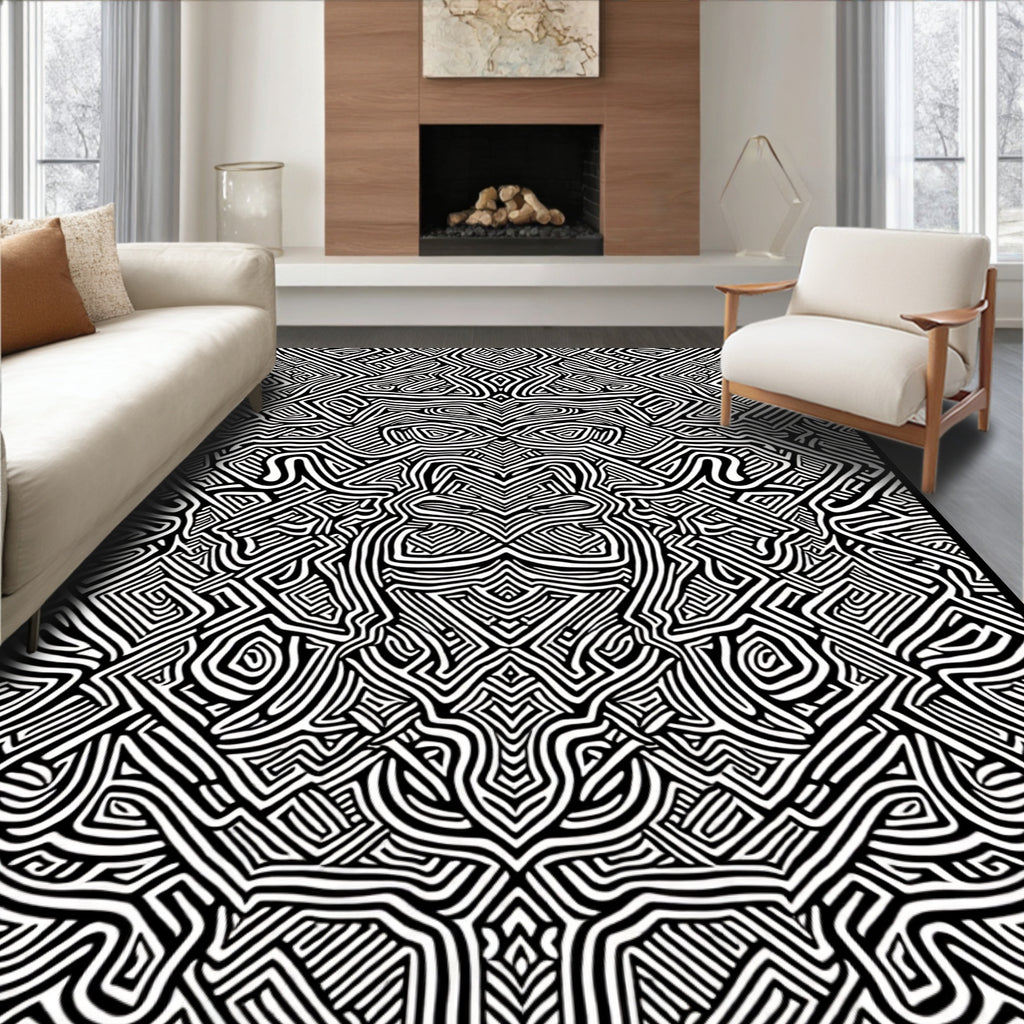 Abstract Black White Maze Pattern Rug