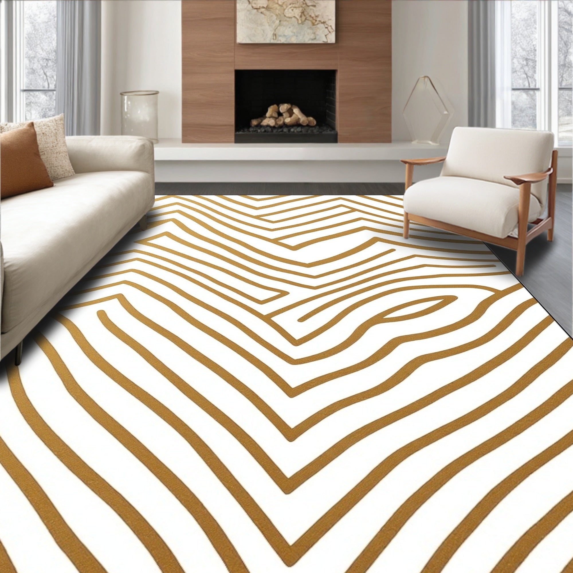 Abstract Gold Wavy Lines Rug