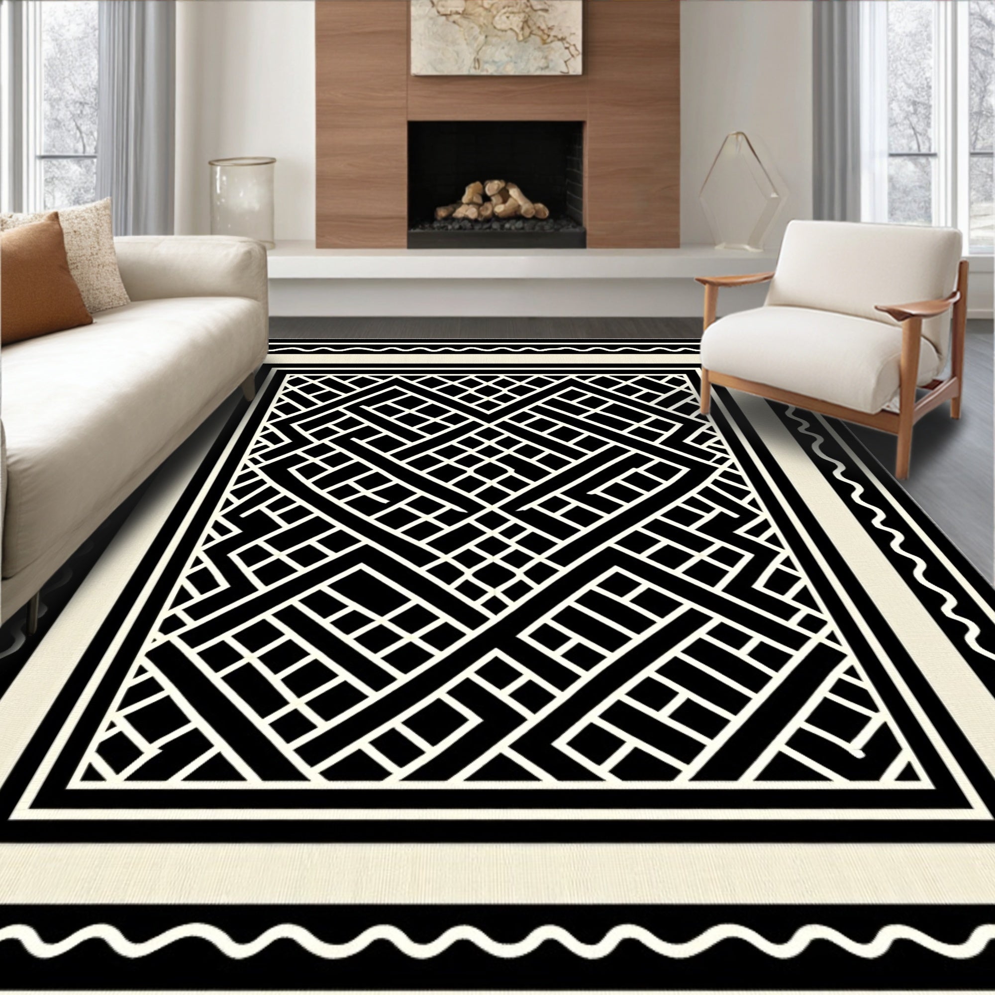 Black White Geometric Interlocking Pattern Rug