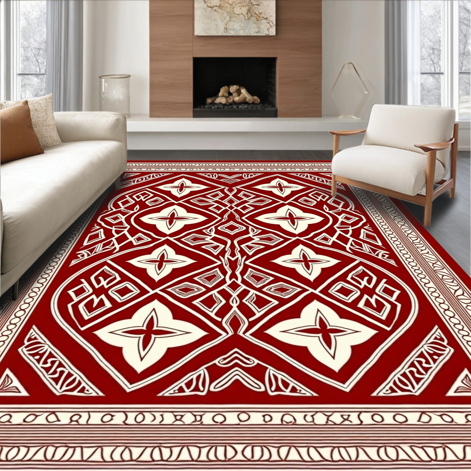 Rich Red Cream Detailed Geometric Rug