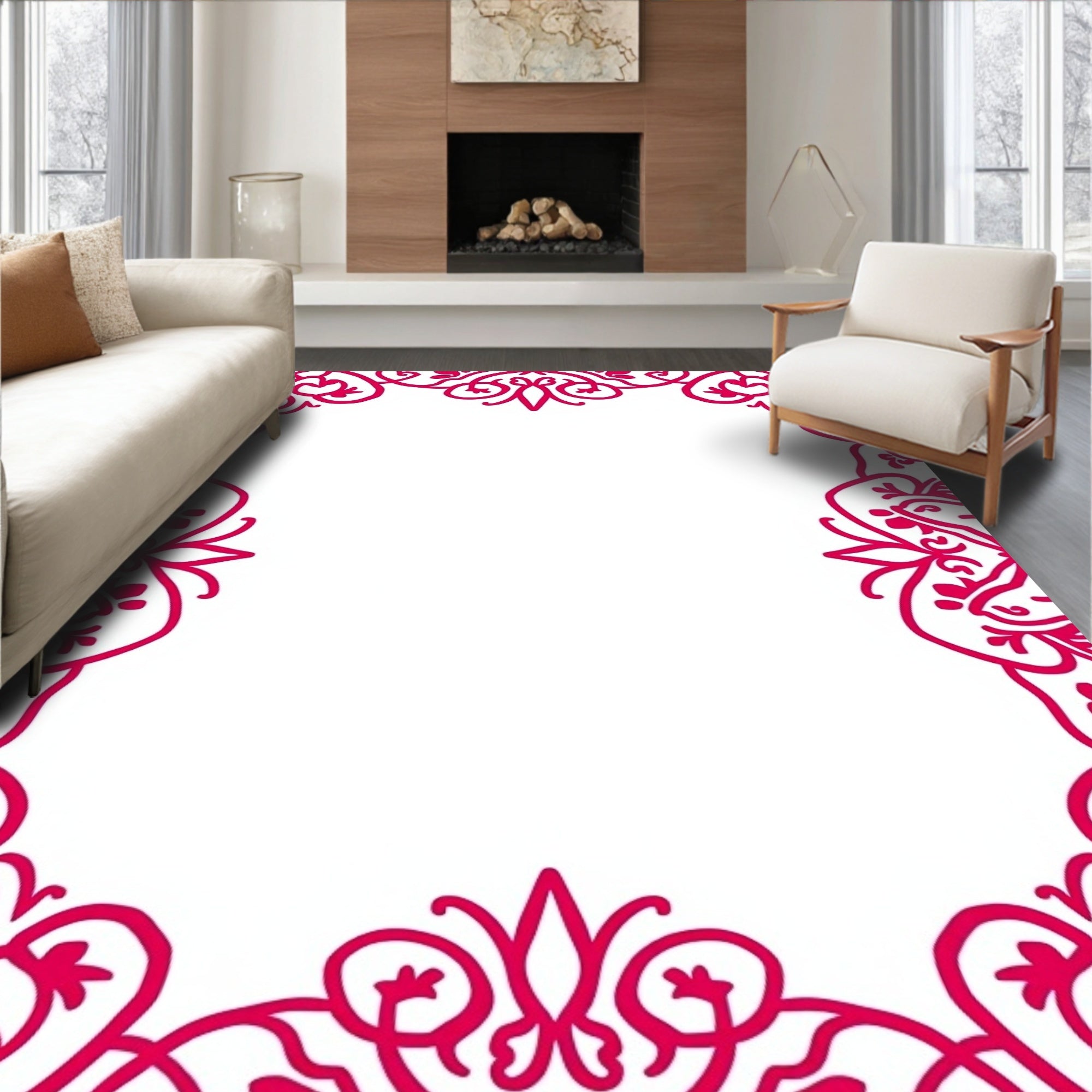 Intricate Fuchsia Swirl Border Design Rug