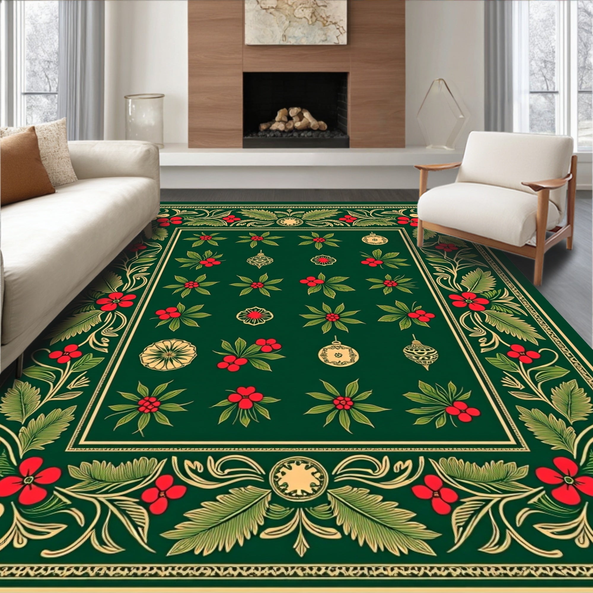 Christmas Red Holly Foliage Ornaments Rug