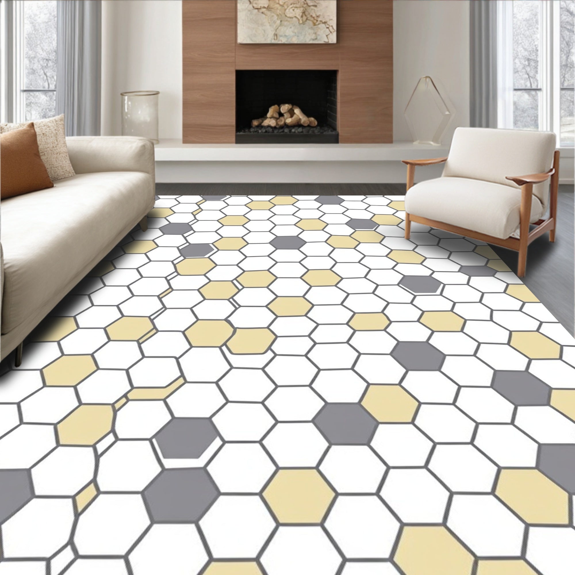 Yellow Grey Geometric Hexagons Pattern Rug