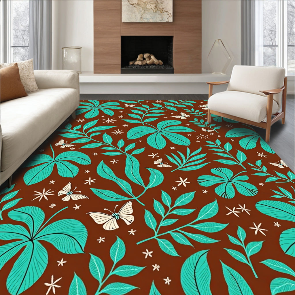 Tropical Leaf and Butterfly Pattern Rug