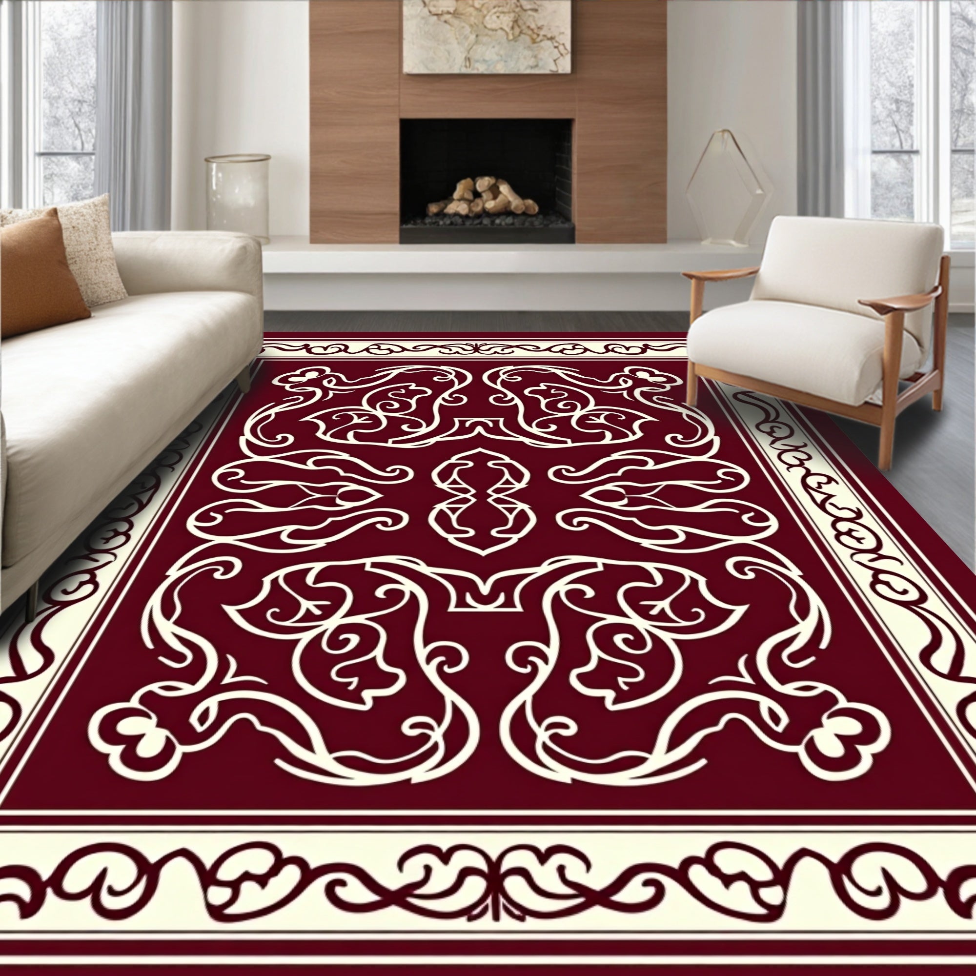 Rich Red Cream Filigree Pattern Rug