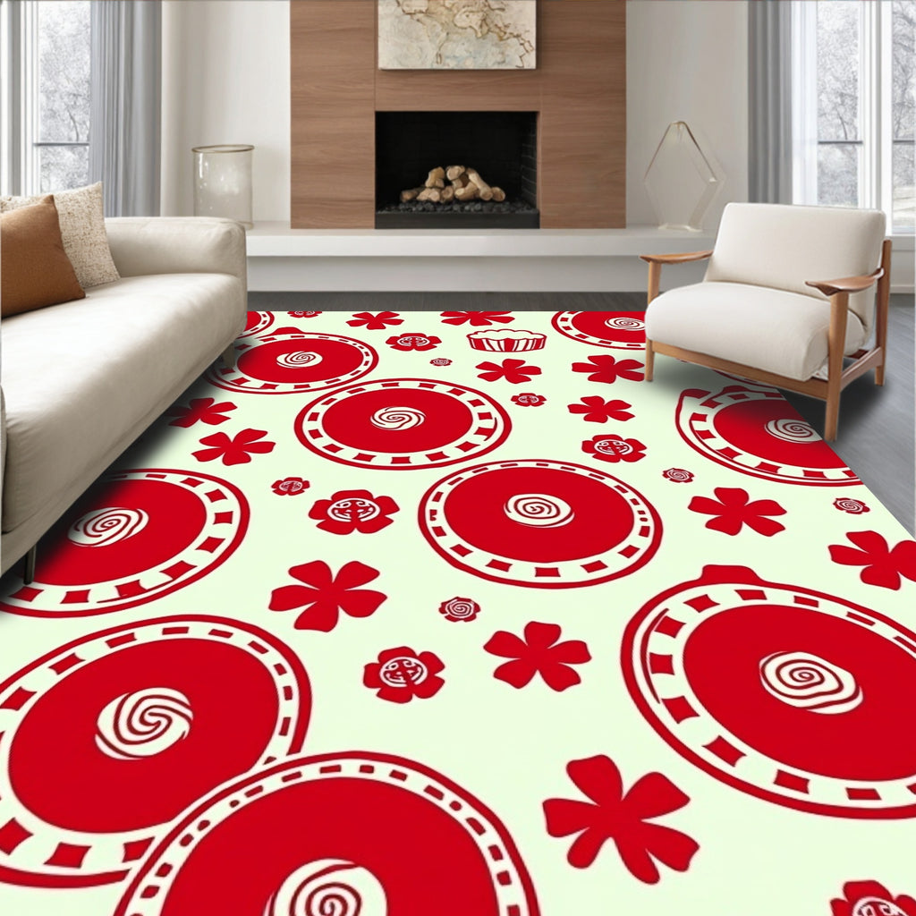 Playful Red Floral Circular Pattern Rug