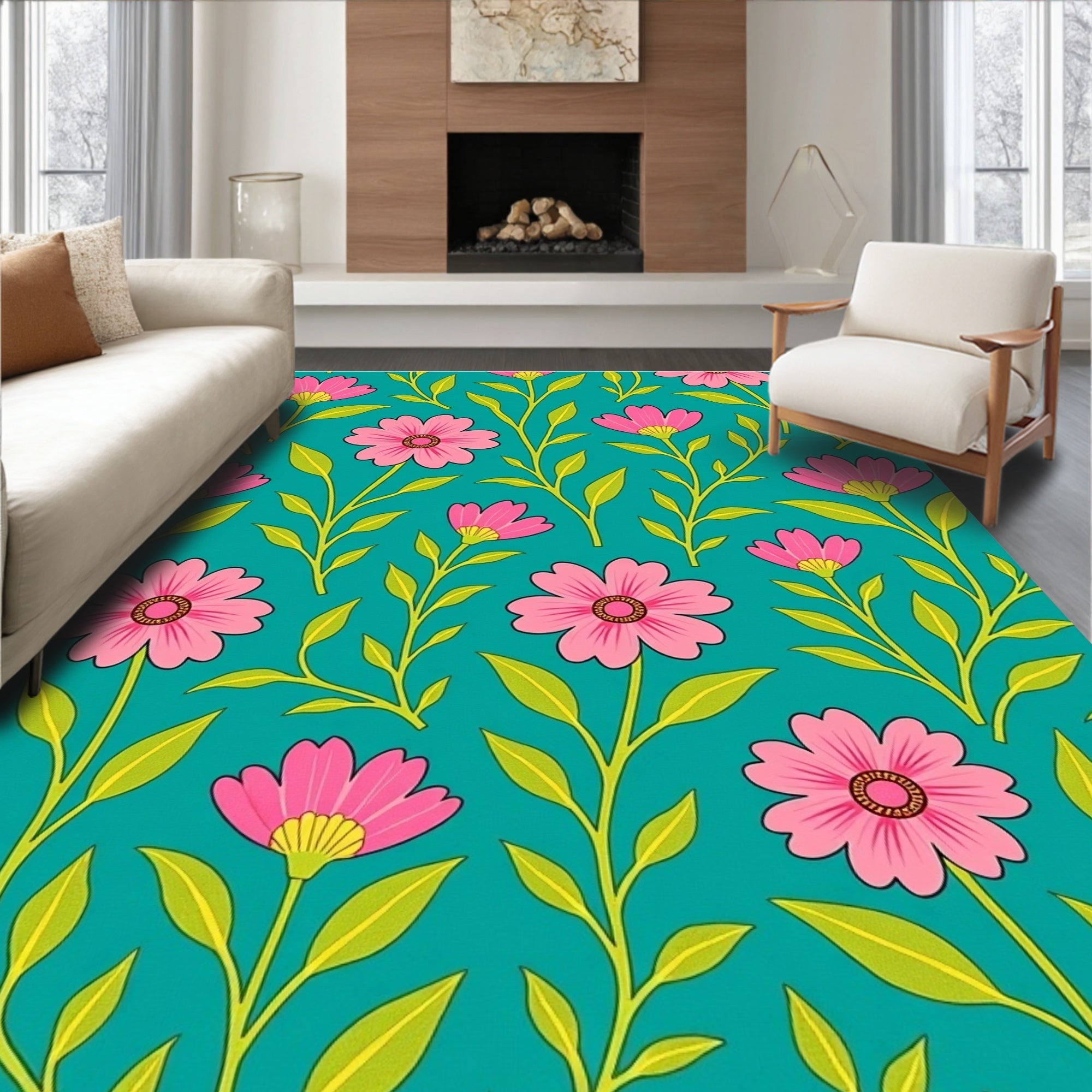 Pink Floral Patterned Teal Surface Rug