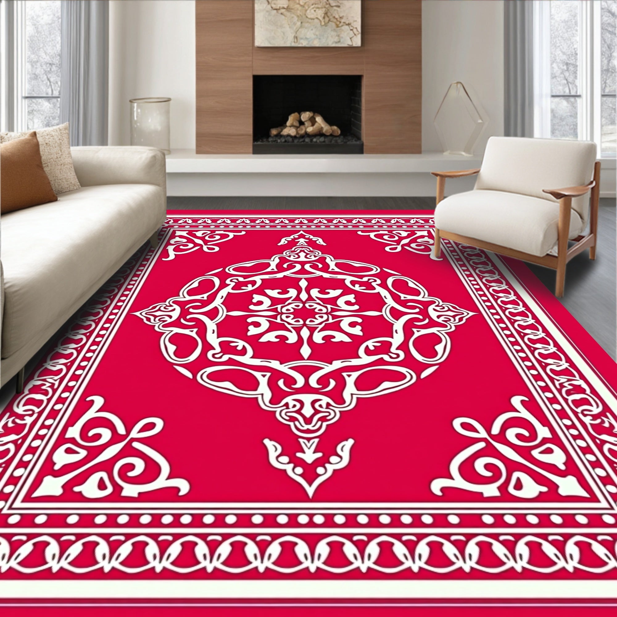 Intricate White Floral Mandala Design Rug