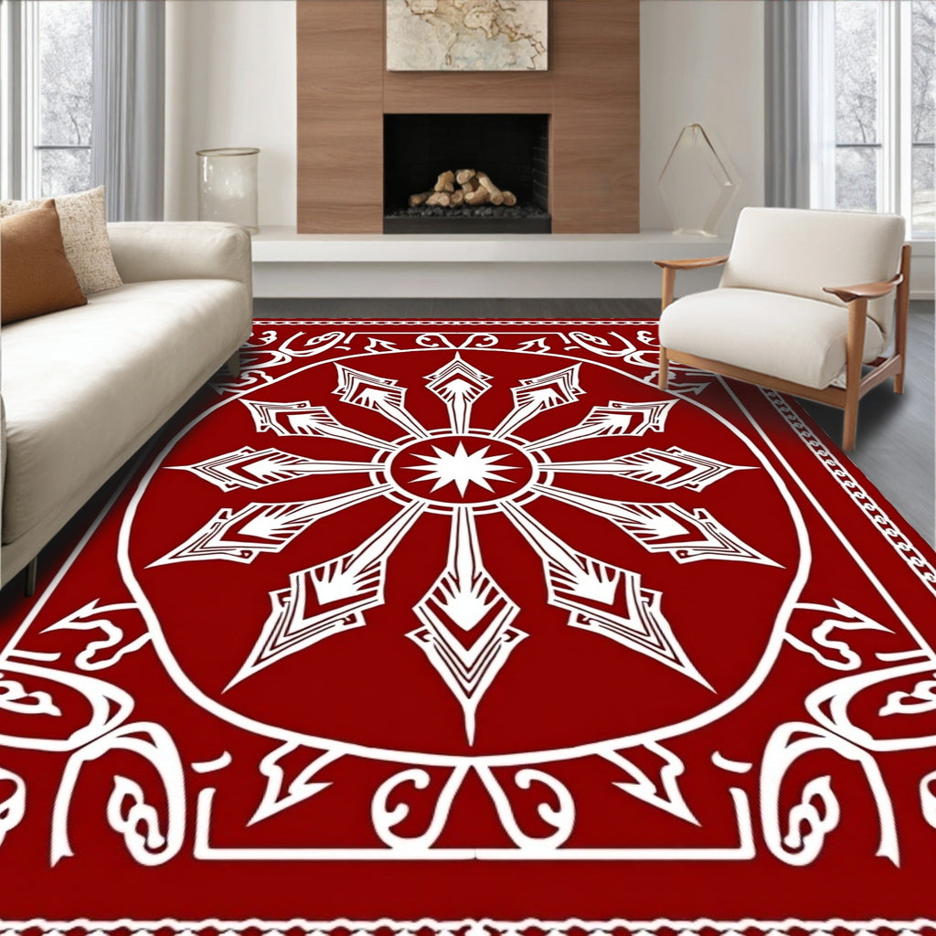 Crimson Sunburst Radial Border Rug