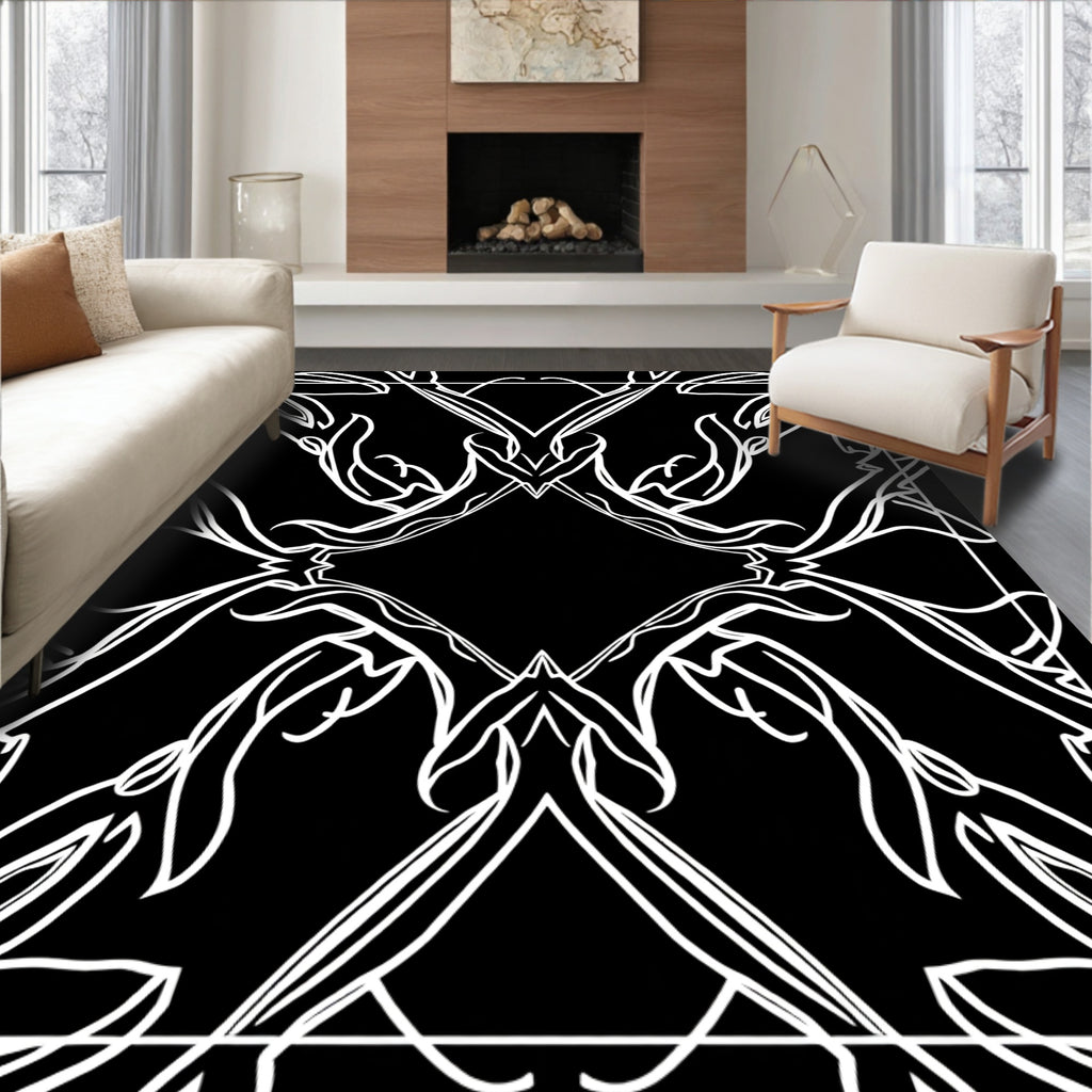 Black White Abstract Floral Pattern Rug