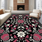 Rose Floral Pattern on Black Rug