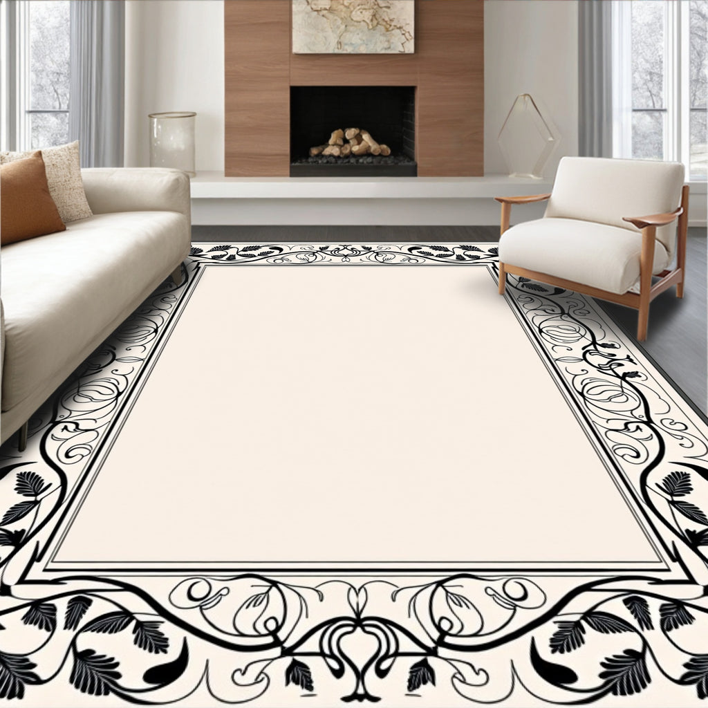 Black Vine And Leaf Intricate Border Rug