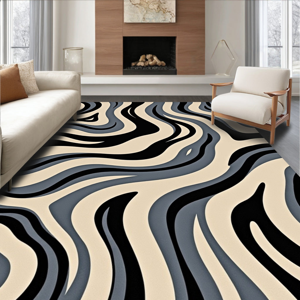 Abstract Blue Beige Black Wave Pattern Rug