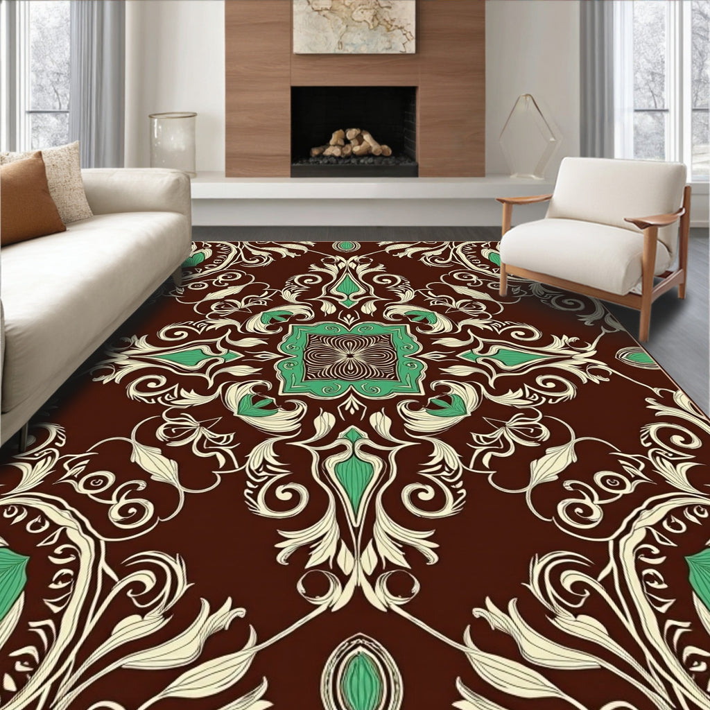 Ornate Floral Swirl Cream Teal Rug