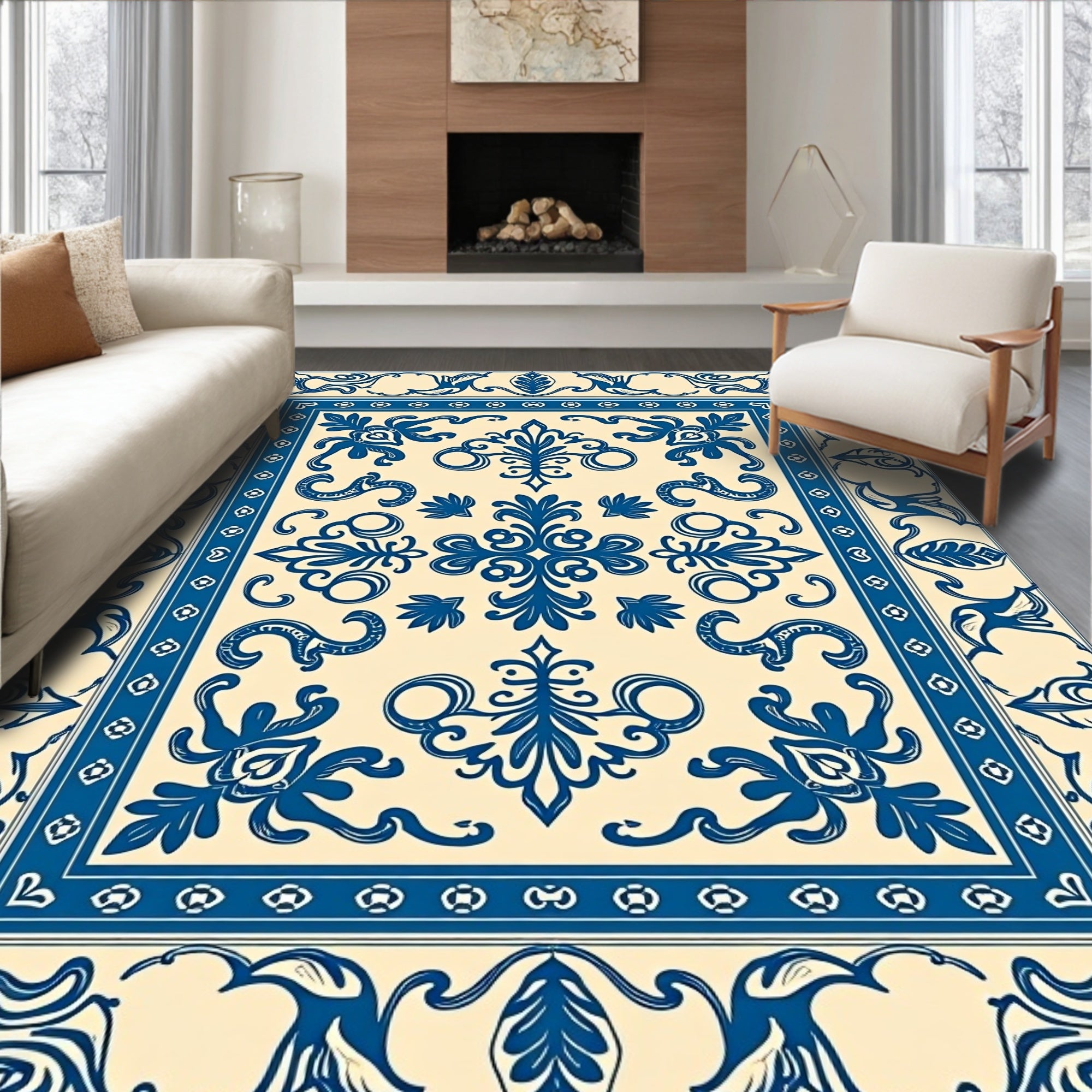 Classic Blue White Floral Medallion Design Rug